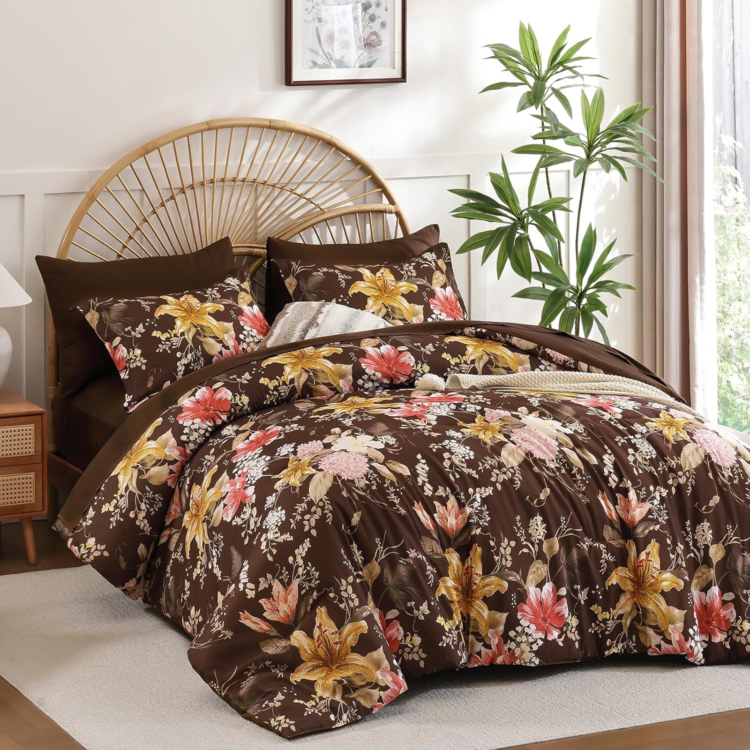 Drucon Queen Comforter Set - 7 Pieces Brown Floral Soft Bedding Sets, Queen Bed in a Bag with Botanical Flowers Comforter, Sheets, Pillowcases & Shams