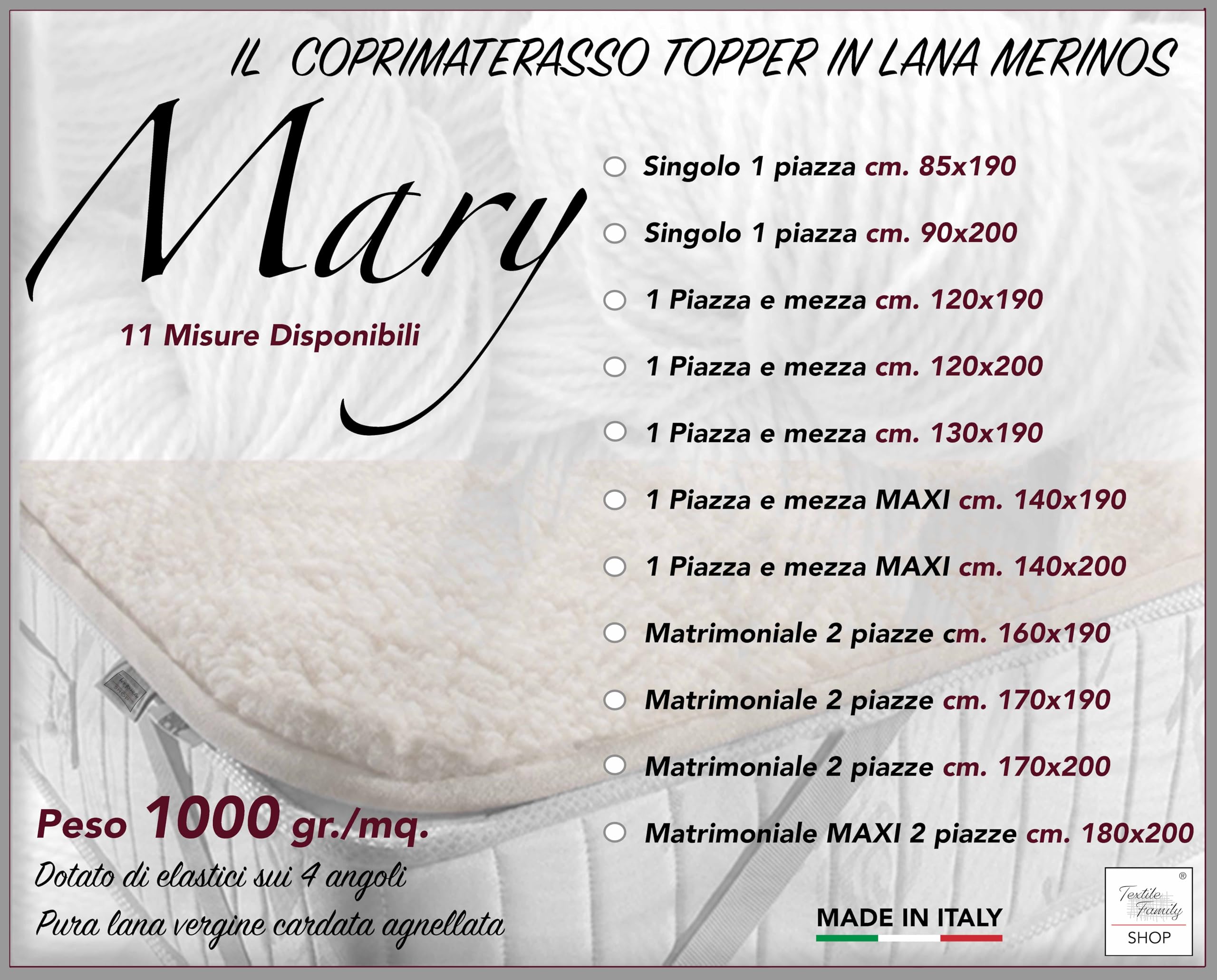 Tex family COPRIMATERASSO Topper Mary in Vera Lana Merinos 1000 gr. in 11 Misure Differenti - Piazza e Mezza Maxi cm. 140x200