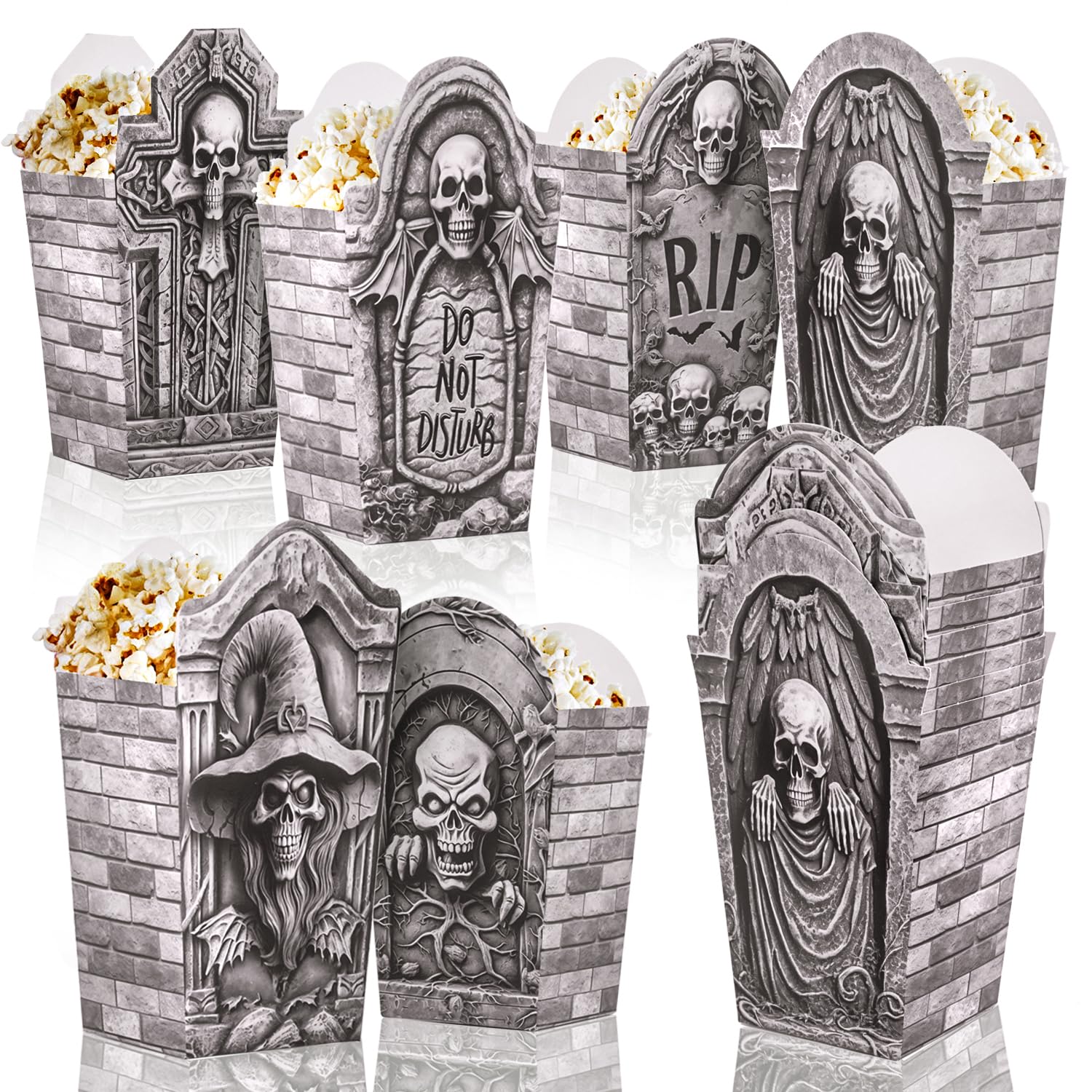FINGOOO Halloween Popcorn Boxes, 12 pcs Tombstone Gravestone Paper Cardboard Boxes Popcorn Container Party Supplies