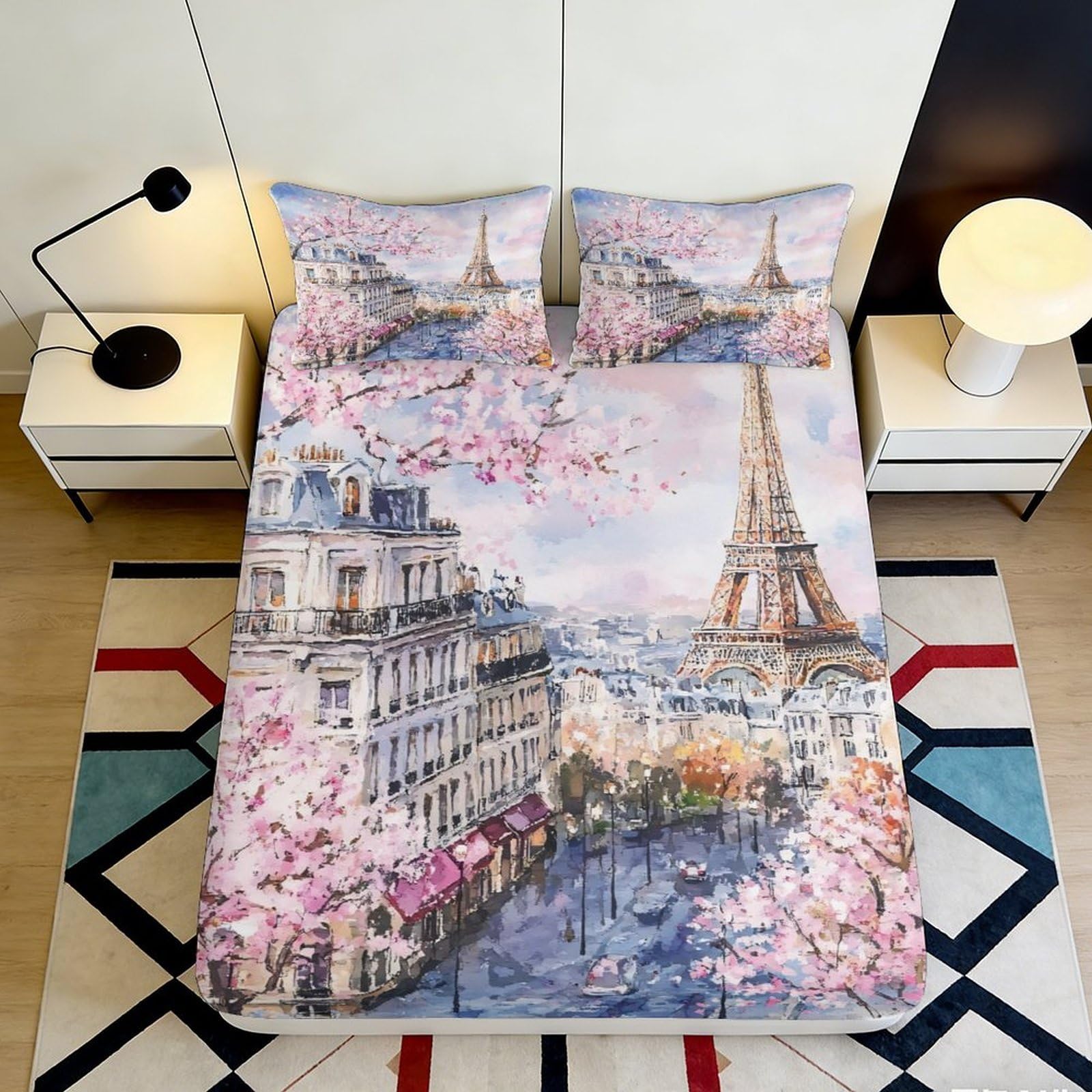 Jqzkxnhpbr Style-7 3D Printed Paris Eiffel Tower Fitted Sheet Microfiber Soft Non-Slip Cherry Blossom Bed Cover Bedroom Decor 90X200x25cm