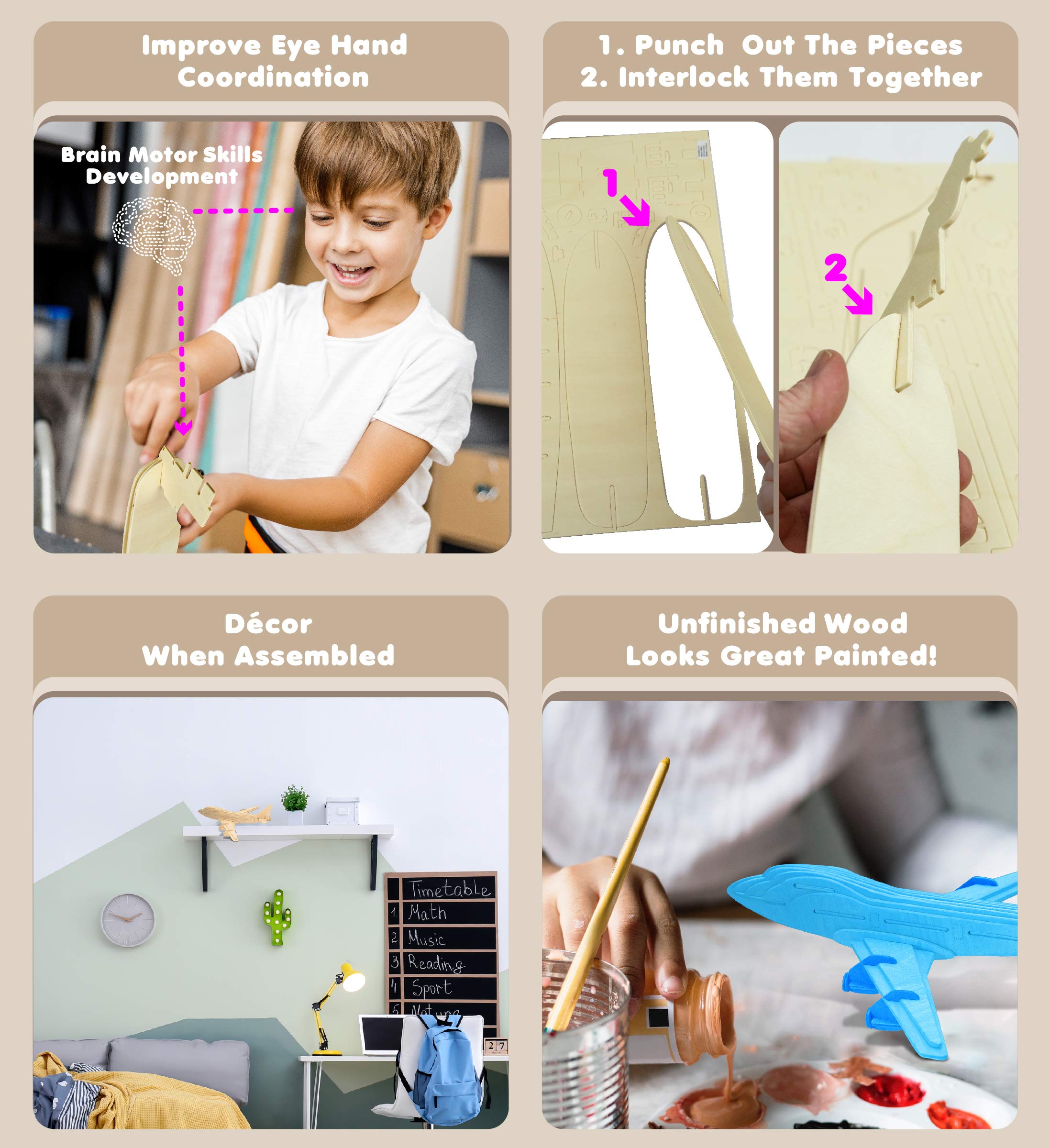 Puzzled 747 Jet Plane 3D Puzzle Wood Craft Construction Kit Aircraft, Fun & Educational DIY Wooden Toy Assemble Model Unfinished Craft Hobby Airplane Puzzle to Build & Paint for Decoration 33pcs Pack - Image 3