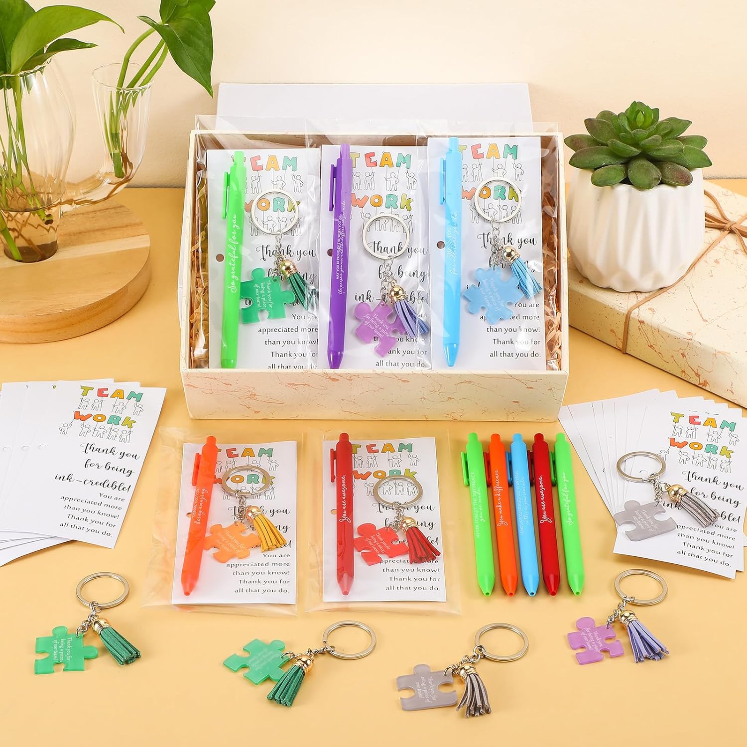 Sayglossy 50 Set Employee Appreciation Gifts Bulk for Teacher Nurse Nursing Assistant Volunteer Admin Staff Office Coworker, Team Work Pens Inspirational Puzzle Piece Keychains & Thank You Cards