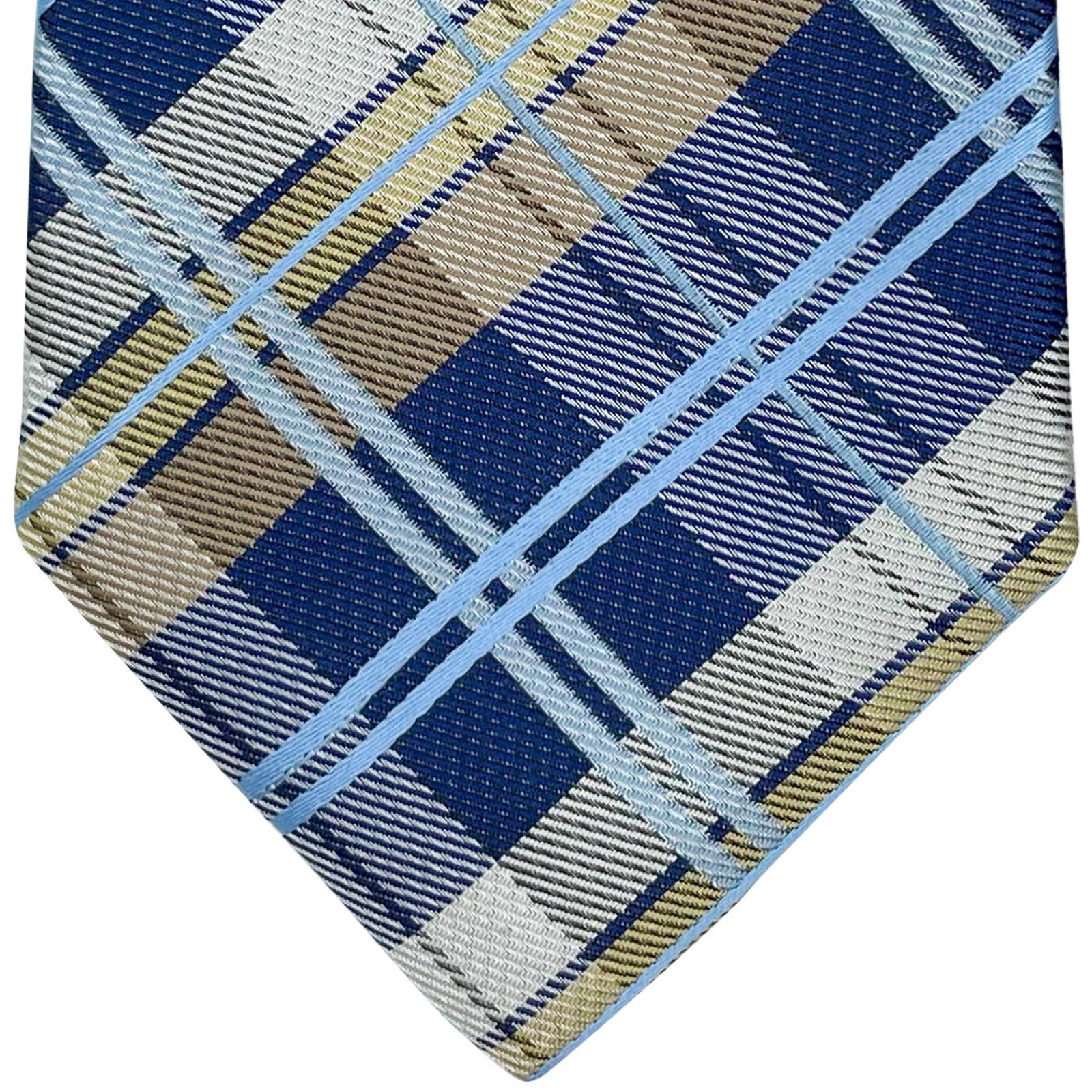 Corbata de microfibra tejida a cuadros tartán para hombre, Azul marino y caqui 4
