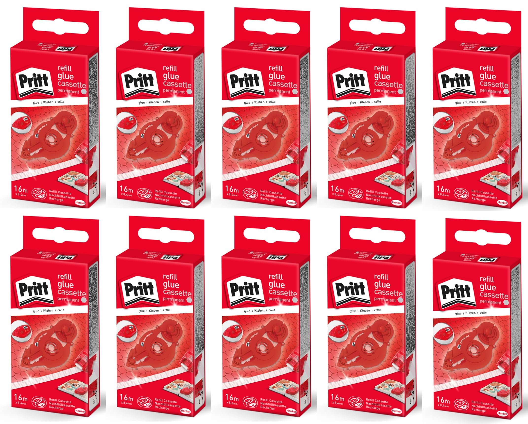 Pritt Kleberoller Nachfüllkassette, permanent, präzise Anwendung, Premium-Band mit Klebstoffwaben, Bandlänge: 16 m, Bandbreite: 8,4 mm, 10 Stück