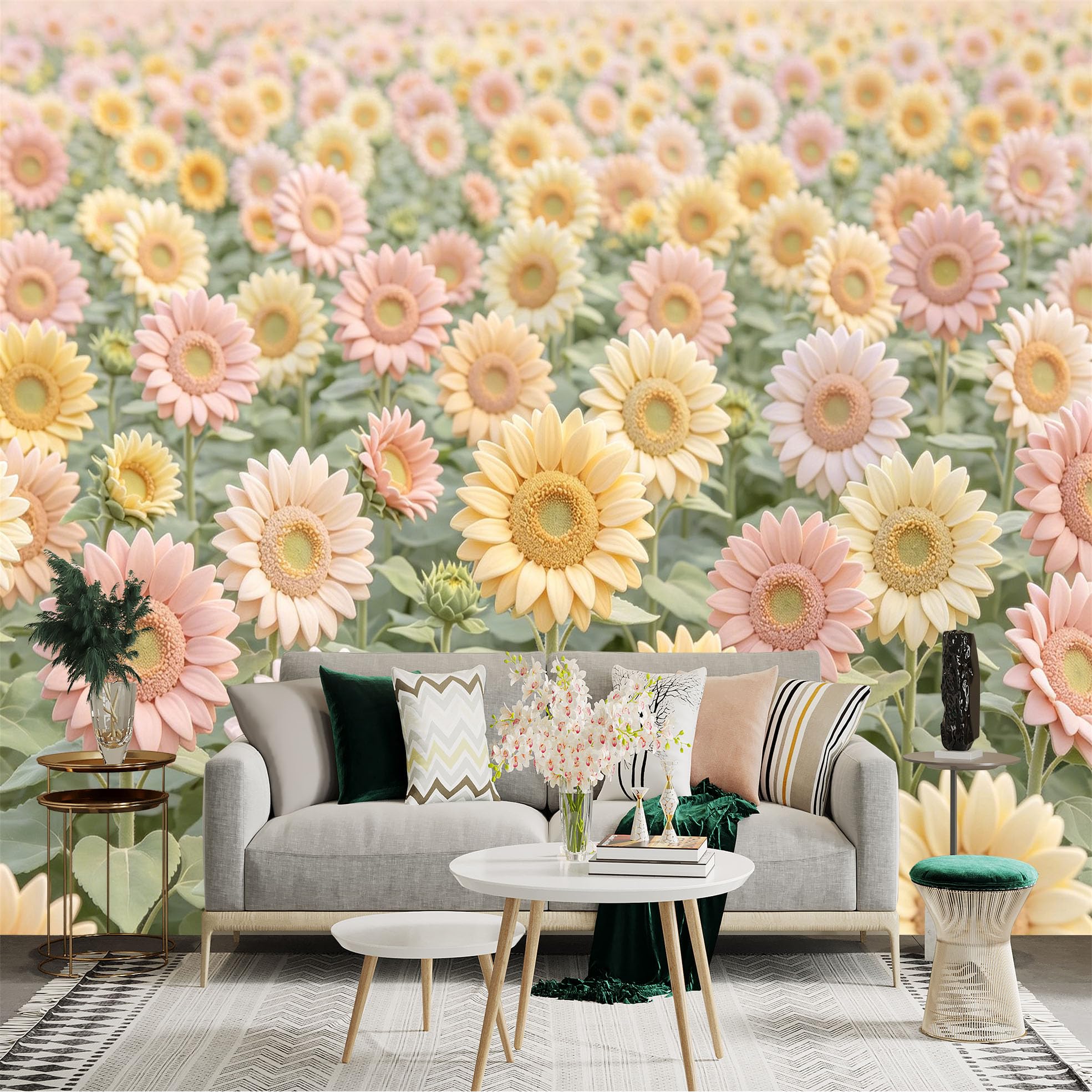 Lnzczhyre Dbh260521002 Custom Size Wall Sticker Mural， Pastel Sunflowers Field， Soft Floral Blossom， Aesthetic Summer Garden， Botanical Nature Decor， For Wall Decoration， Peelandstick Wall Decals.