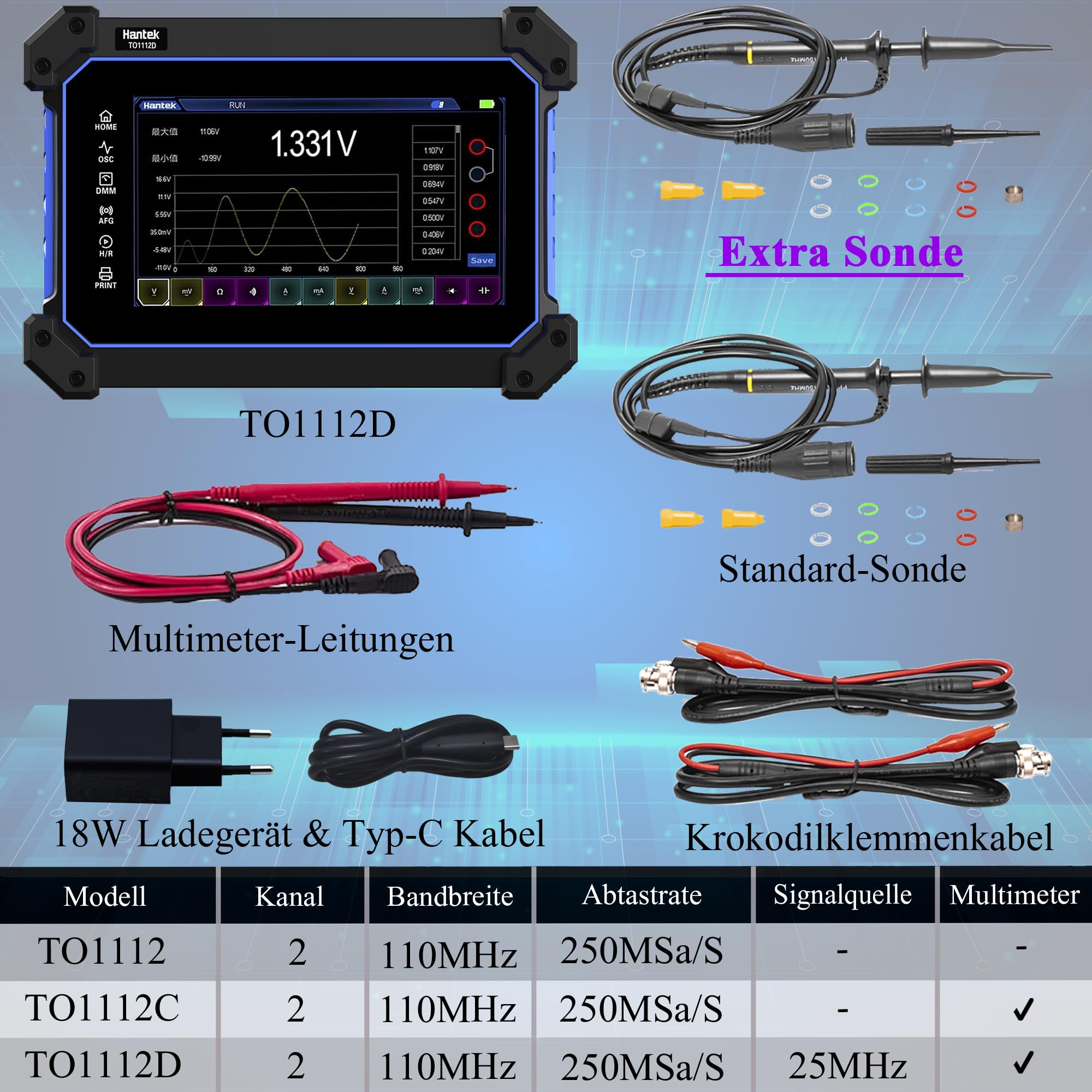 Hantek TO1112D 2CH Osciloscopi multifunzionale, con generatore di segnale multimetro, 3 in 1, 110 MHz, 250 MSa/s per laboratorio, ricerca scientifica