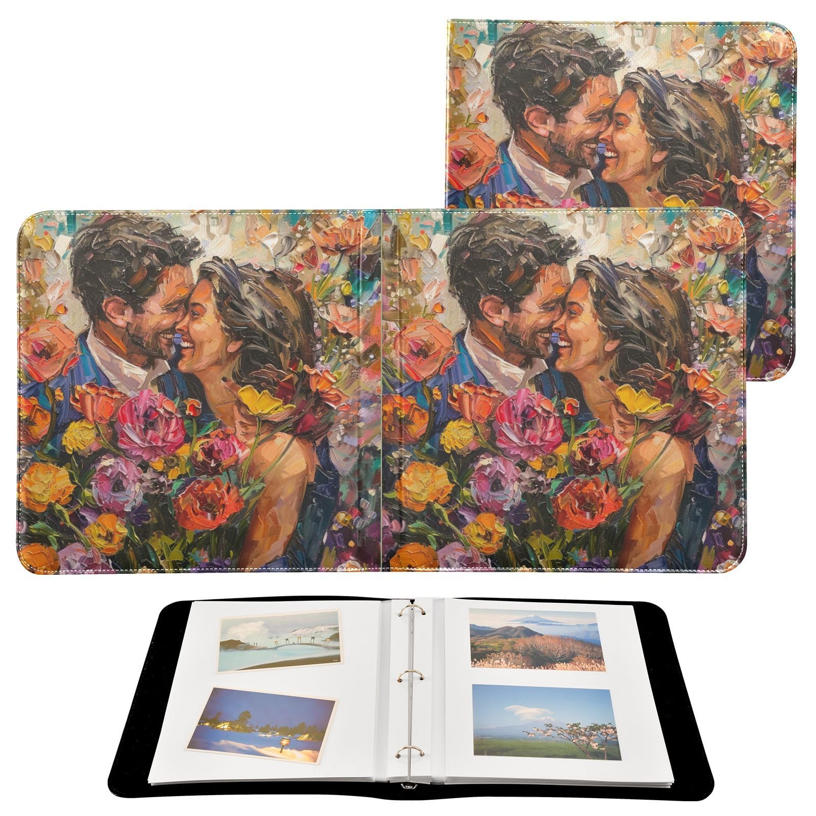 JIPONI Happy Flowers with Couple Large Photo Album, DIY Leather Cover Scrapbook Albums for 4x6 5x7 6x8 Pictures, Self Adhesive Memory Book for Wedding, Baby, Family