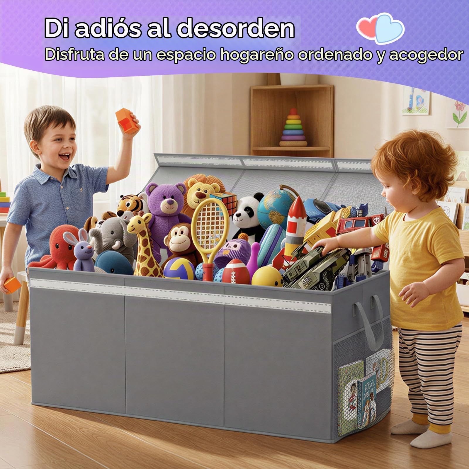 Lewondr 160L Extragrande Cesta de Almacenamiento para Juguetes con Tapas | Caja Plegable Almacenaje Juguetes Niños y Niñas, 3 Separadores Extraíbles, Salón y Guardería, 100 × 40 × 40 cm, Gris