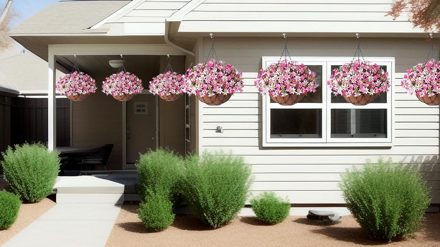 INXUGAO Artificial Silk Flowers Hanging Baskets Outdoors Indoors,Chrysanthemum with Eucalyptus Leaves Arrangement for Garden Yard Spring Summer Decor,Faux Plant in Metal Coconut Lining Flowerpot(Pink)