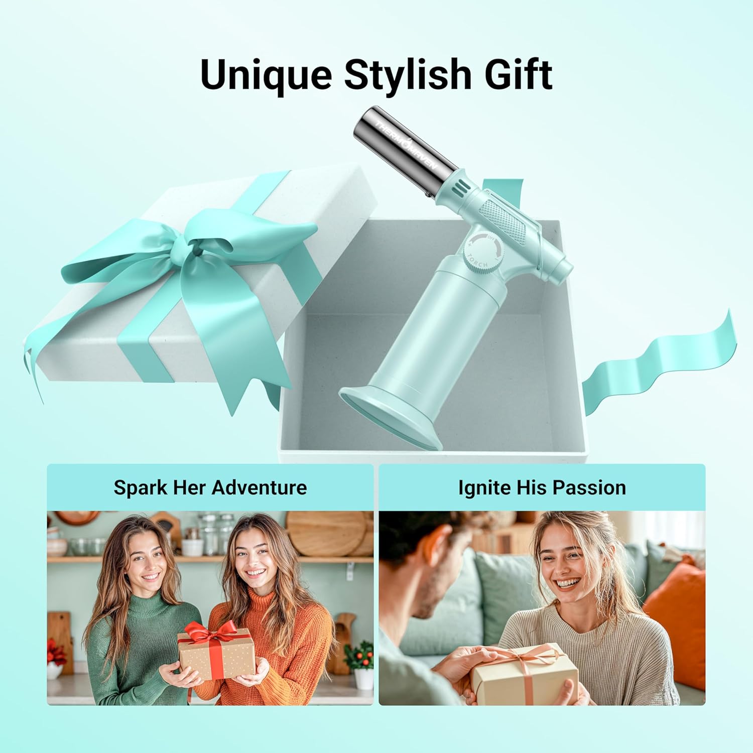 Retro Butane Torch, Kitchen Torch Lighter, Refillable Cooking Blow Torch, Fit All Butane Tanks with Adjustable Flame for Culinary, Brulee, Baking, Soldering, DIY (Fuel Not Included)-Aqua