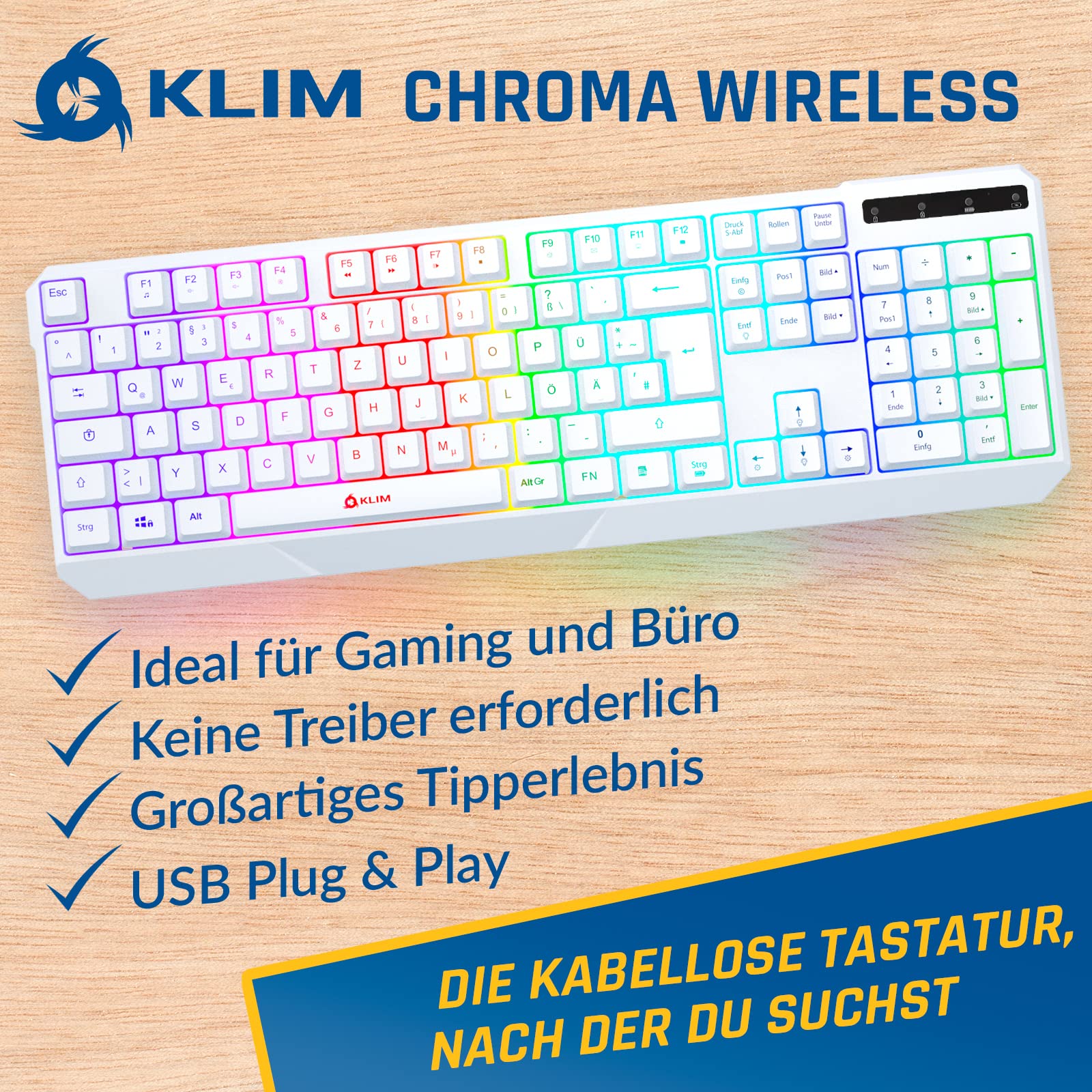 KLIM Chroma - Tastiera da gaming senza fili QWERTZ tedesco + durevole, ergonomica, impermeabile, silenziosa + tastiera RGB senza fili per PC PS4 Mac + nuova versione 2024 + bianco