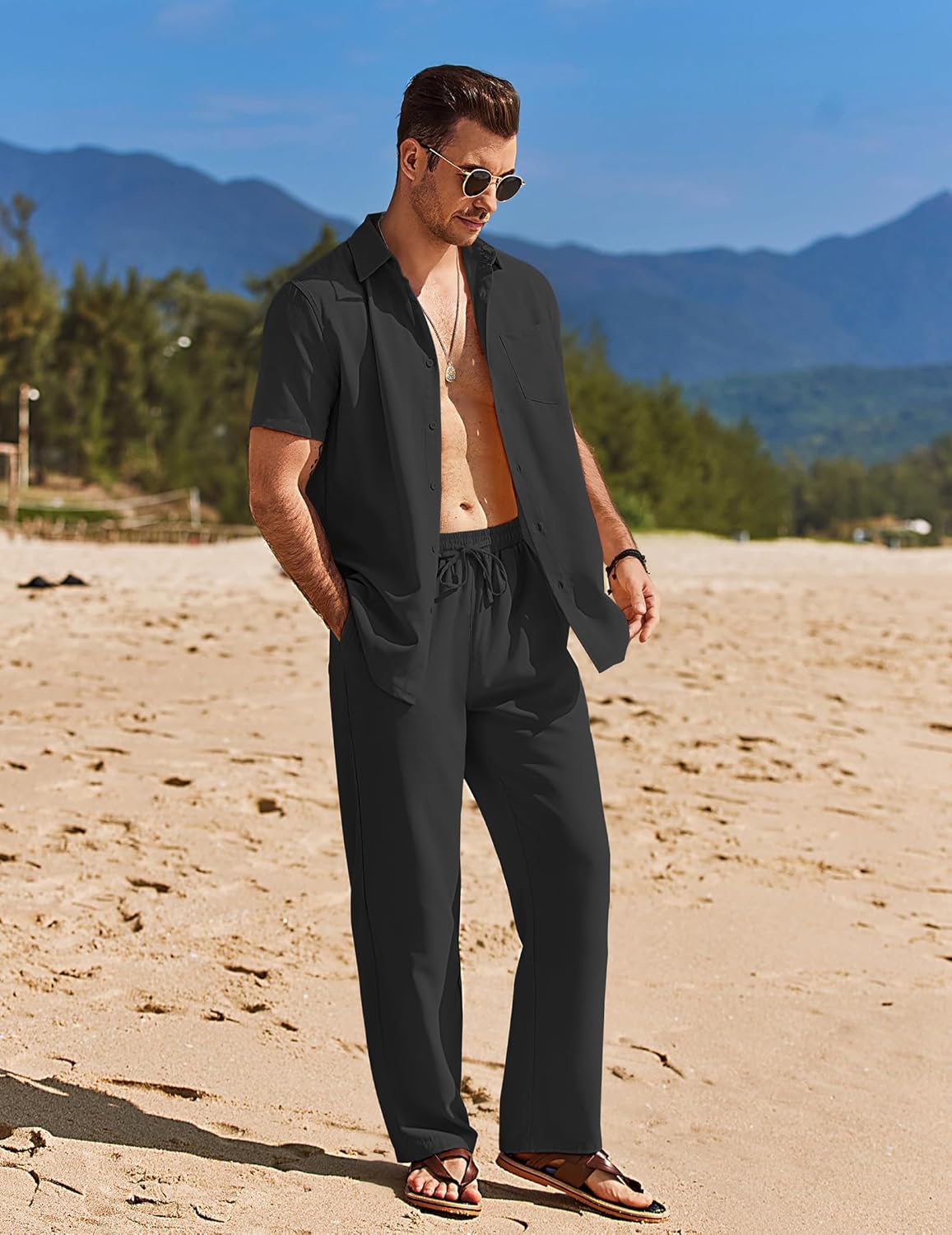 COOFANDY Mens 2 Piece Casual Beach Outfits Short Sleeve Button Down Shirts Summer Loose Pant Sets Vacation Walking Outfits - Image 3