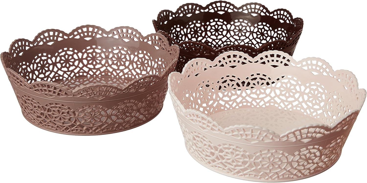 Lacy Plastic Round 3 Piece Basket Set, Beige, Peach and Chocolate