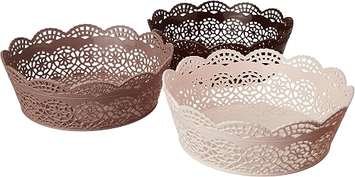 Nayasa Lacy Plastic Round 3 Piece Basket Set, Beige, Peach and Chocolate