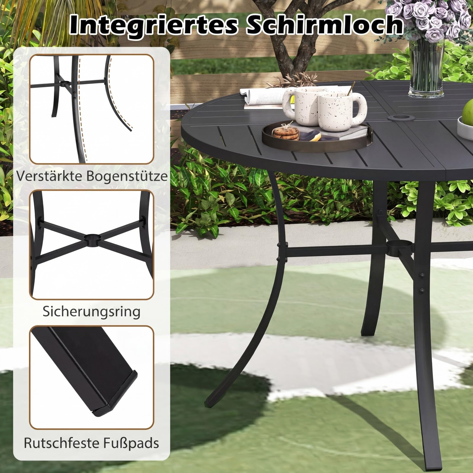 COSTWAY Gartentisch Metall, 108x108cm, wetterfester Terrassentisch mit Schirmloch, runder Balkontisch für 4 Personen, Outdoor-Esstisch für Garten, Terrasse, Balkon, Schwarz