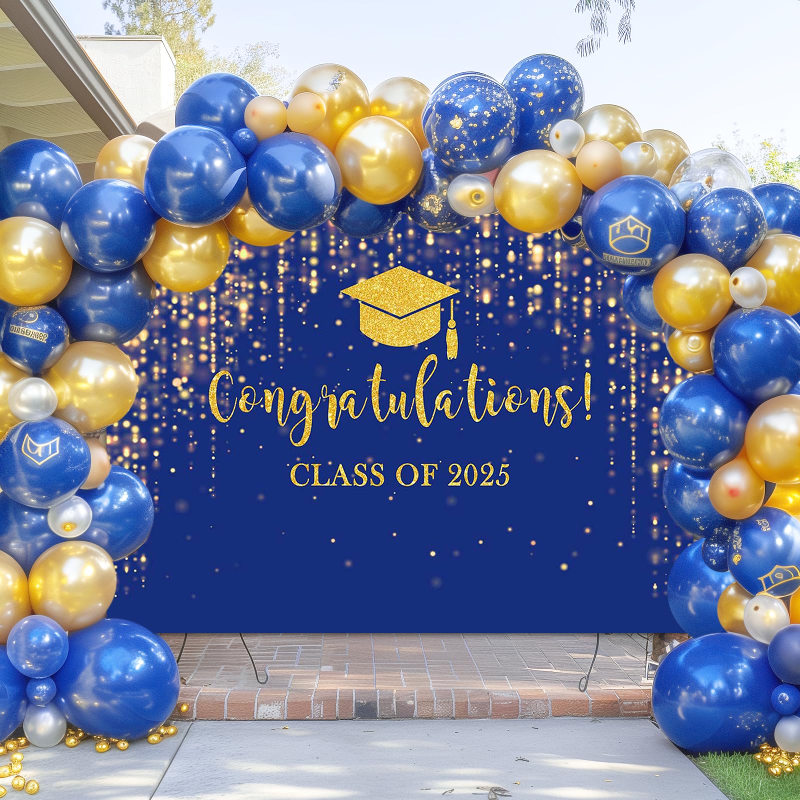 Mocsicka Class of 2025 Backdrop Blue Gold Glitter Bokeh Graduation Party Background 2025 Congrats Grad Prom Party Cake Table Decoration Photo Booth Props (7x5ft)