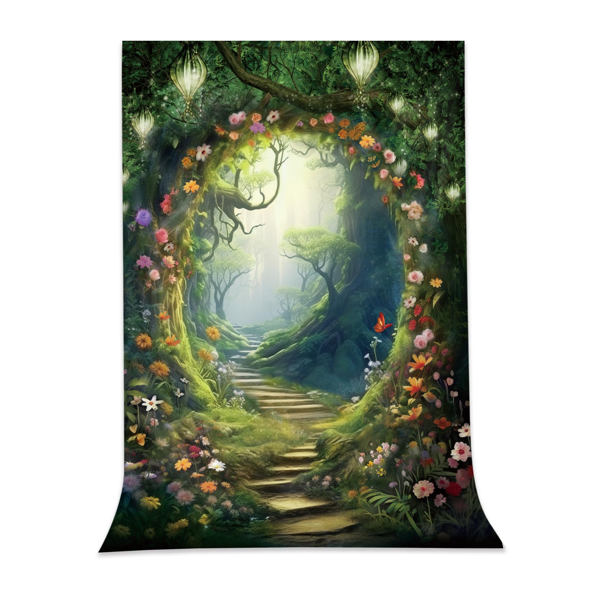 Omifly Enchanted Woodland 5W*7H Backdrop for Photography Fairy Tale Floral Wonderland Greenery Garden Tree Spring Plant Background Party Decorations