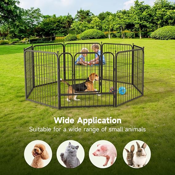 The Fellie Metal Dog Pen 8 Panel, Heavy Duty Dog Fence with Door for Outdoor, Foldable Puppy Pen Indoor, Pet Exercise Run Cage, Black, 60 x 60cm