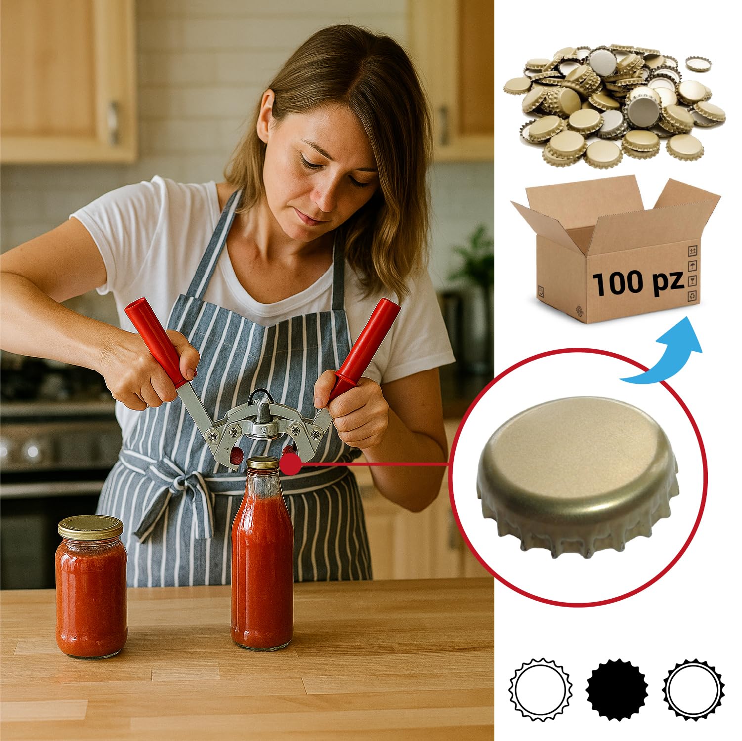 Crisalide® - Tappatrice a Due Leve per Tappi a Corona Ø 26,5 mm, Inclusi 100 Tappi a Corona da Bollitura, Impugnatura Ergonomica per Vino Birra Conserve