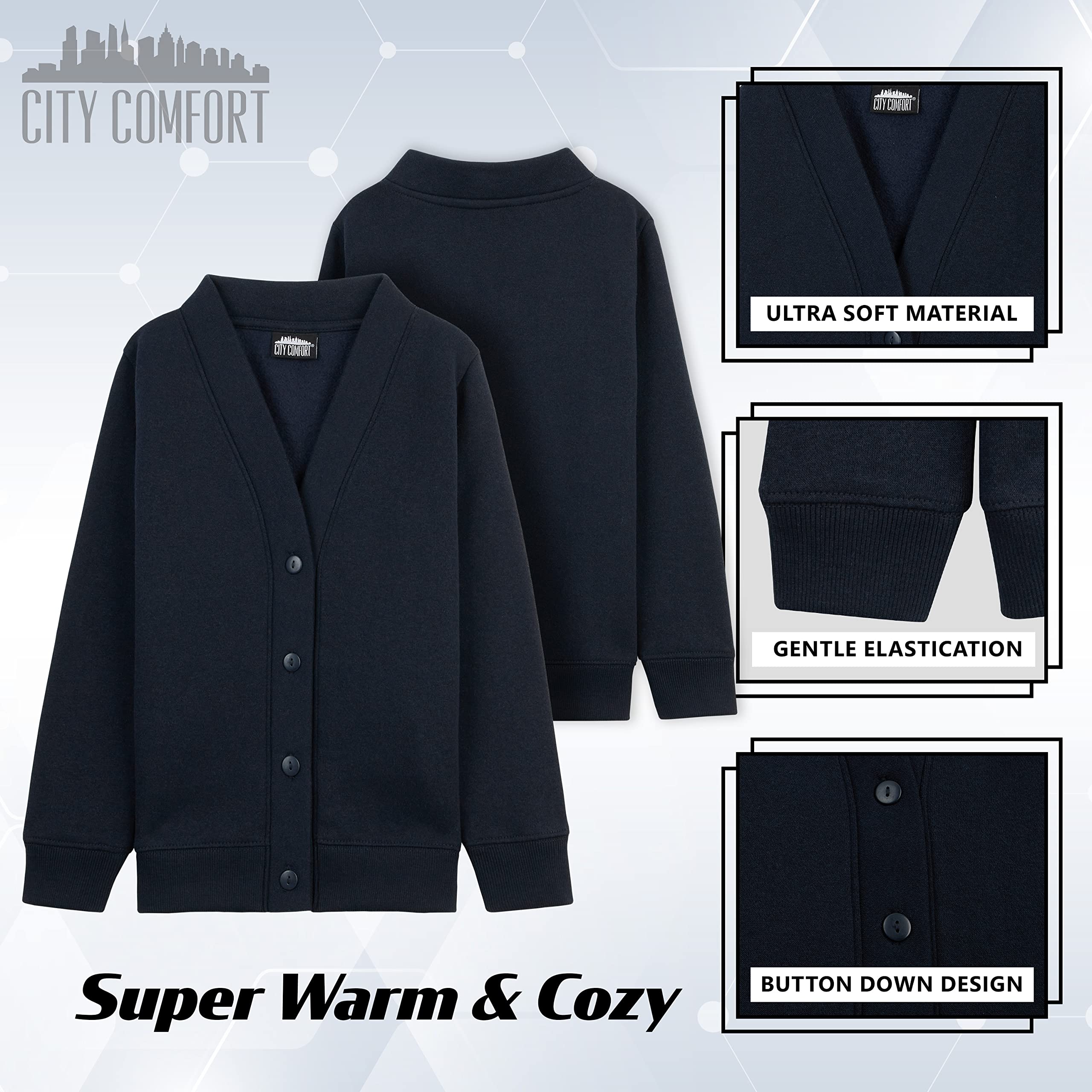 CityComfort Kardigan dla dziewcząt i chłopców, ciepły, miękki mundurek szkolny, dla dziewcząt, chłopców, unisex, granatowy lub czarny, 1 opakowanie lub 2 opakowania, rozmiary 3-14 lat, jednolity kardigan zapinany na guziki