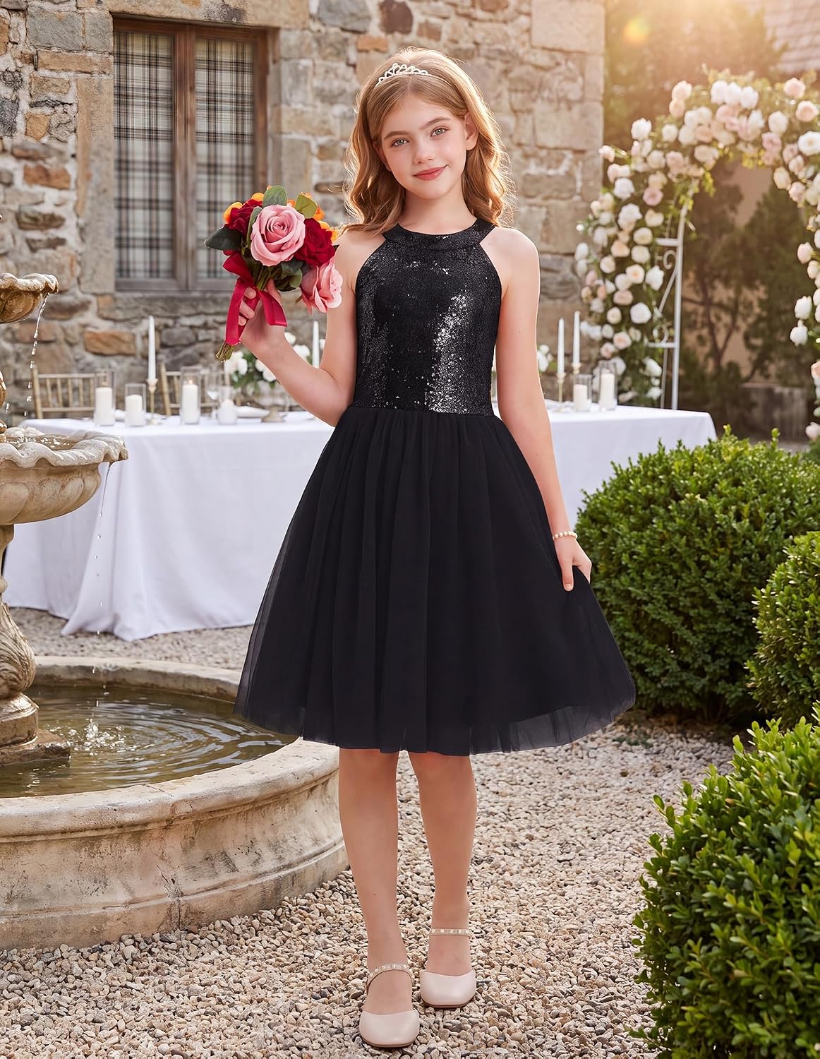GRACE KARIN Girls Sequin Tulle Halter Dress Party Formal Gown
