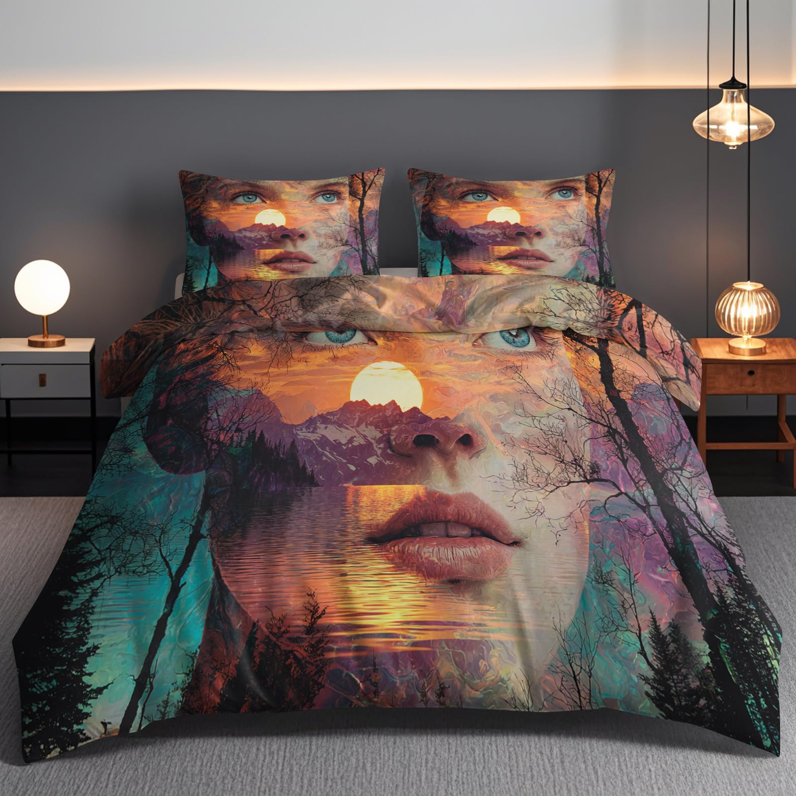 Premium XXL Bettwäsche 240x220 Übergröße, Malerei Kunstwerk Musterung Bettbezug inklusive 2X Kissenbezüge 80x80, Double-Face Optik Mikrofaserstoff, Kuschelig Bettgarnitur für Pärchen, Wohndekoration