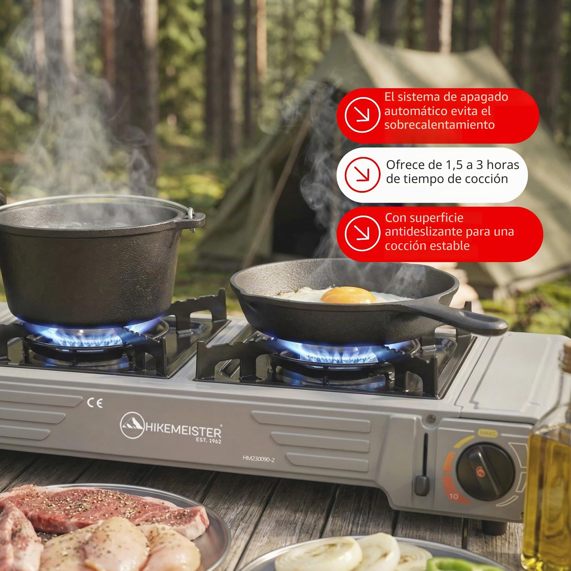 Hikemeister® Hornillo de camping de 2 fuegos con parrilla y 12 cartuchos de gas, hornillo de gas portátil 2 x 2,2 kW, incluye maletín de transporte, estufa de gas al aire libre para camping, balcón y