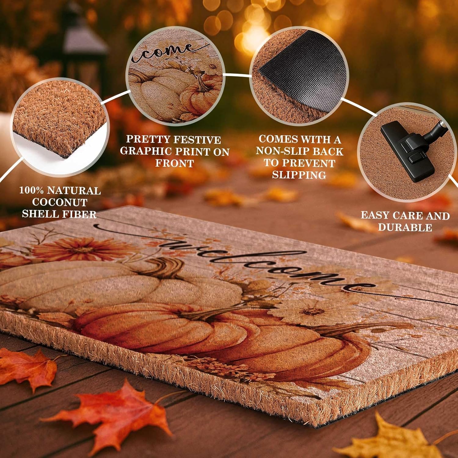 Lanpn Fall Welcome Natural Coir Door Mat, Fall Harvest Pumpkin Coco Front Door Outdoor Doormat Outside Entrance Porch Non Slip Rubber Rug Autumn Halloween Thanksgiving Farmhouse Decor 30x17 inch
