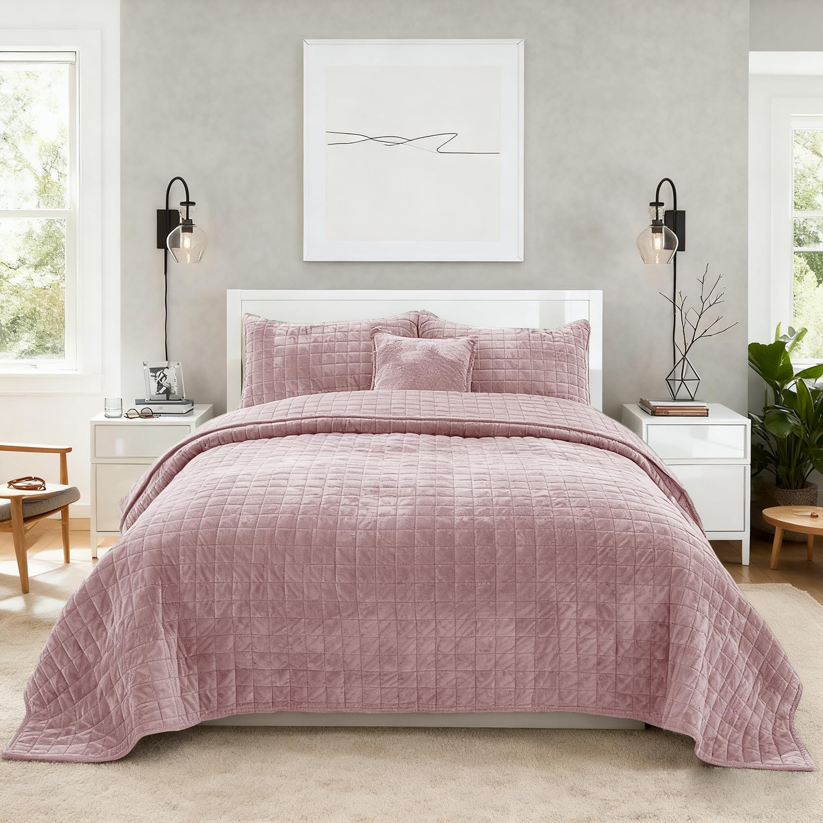COCOPLOCEUS Quilt Set Oversized King Size 120x128 Luxurious Velvet Bedding Sets with 2 Pillow Shams 20x36 3 Pieces Ultra Soft Quilted Bedspread