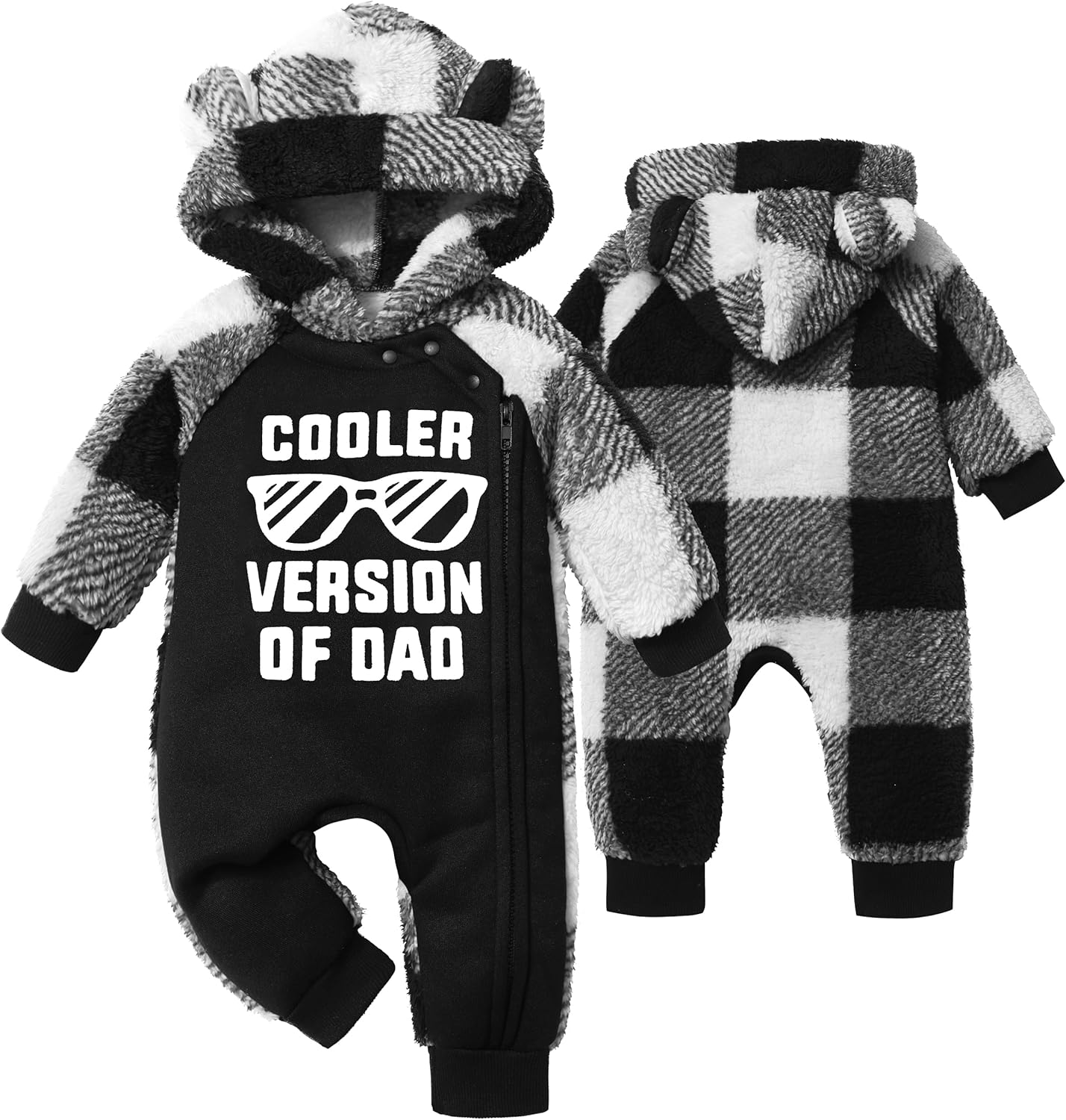 Baby Boy Clothes Winter Snowsuit Plaid Fleece Jumpsuit Bear Ear Hooded Romper Zipper Onesie Warm Infant Coat Outfit