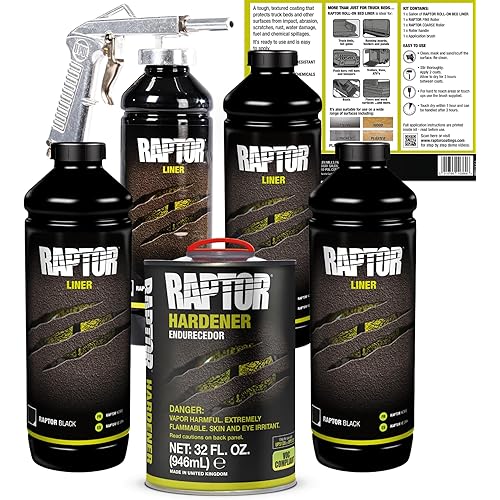 Raptor Black Urethane Spray-On Truck Bed Liner Kit, Protective Paint with Spray Gun, for Tailgates & Trucks, Vehicle Undercoating, 4 Litres