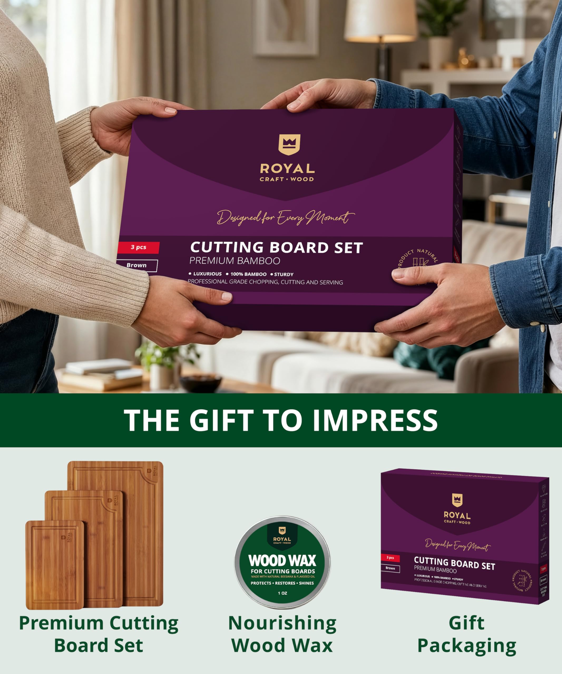 ROYAL CRAFT WOOD Schneidebretter aus Holz für Küche, Mahlzeitenvorbereitung und Servieren, Bambusholz-Servierbrett-Set mit tiefen Saftrillen, Seitengriffen, Charcuterie & Hacken, Metzgerblock für
