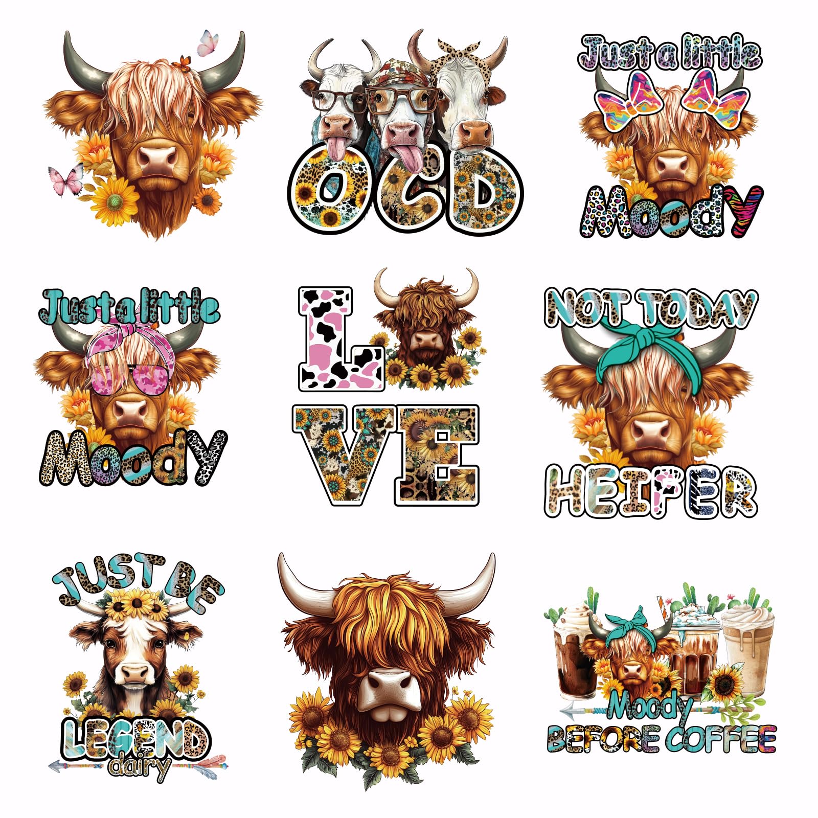 SUPERDANT 9 Pcs Highland Cow Iron On Transfer Paper Cute Animals Heat Transfer Sticker DIY Iron-on Decals Washable DTF Transfers Ready to Press for Clothing T-Shirt Bags Jacket Decor