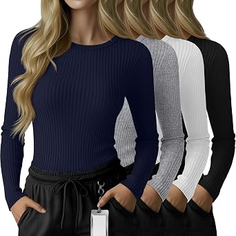 4 Pack Womens Underscrub Shirts Long Sleeve Ribbed Crewneck Tops Slim Fit Soft Cotton Undershirts for Nurse