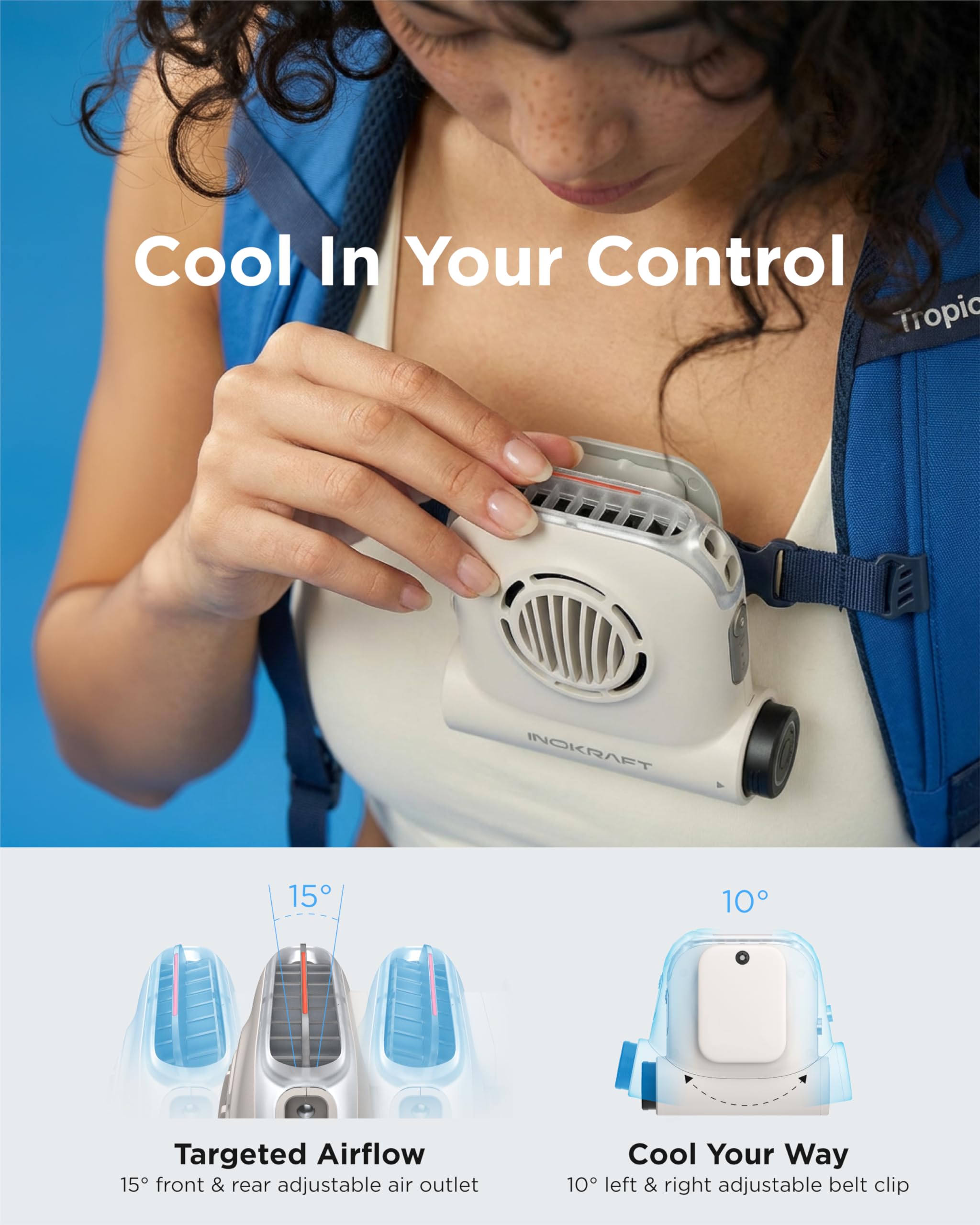 InoKraft Freihändiger Clip-Ventilator, tragbarer Ventilator mit 4Ah Wechselakku, 49 ft/s Turbo Fan, Trail Clip-On Ventilator für Taille & Rucksack, Camping Ventilator für Wandern & Outdoor, Weiß