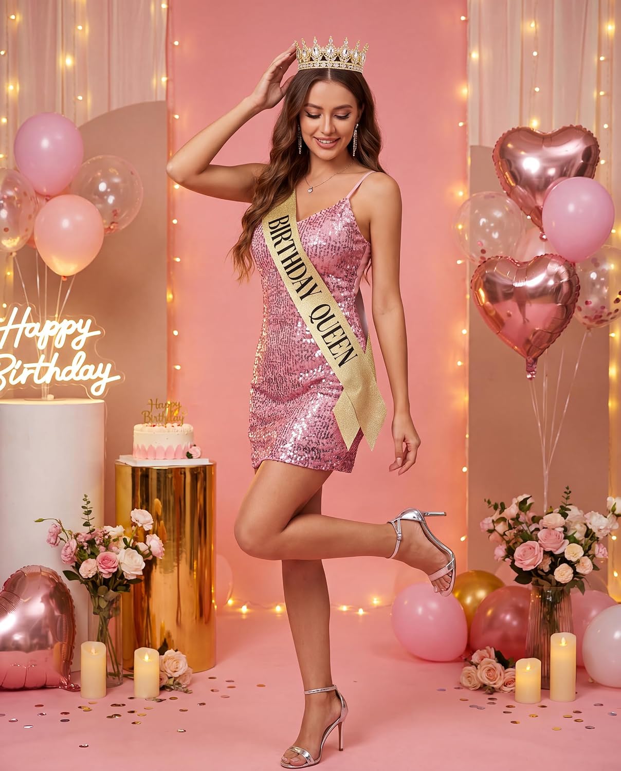 Fesciory Birthday Crown for Women, Gold Plated Crystal Tiara with Sash image 4