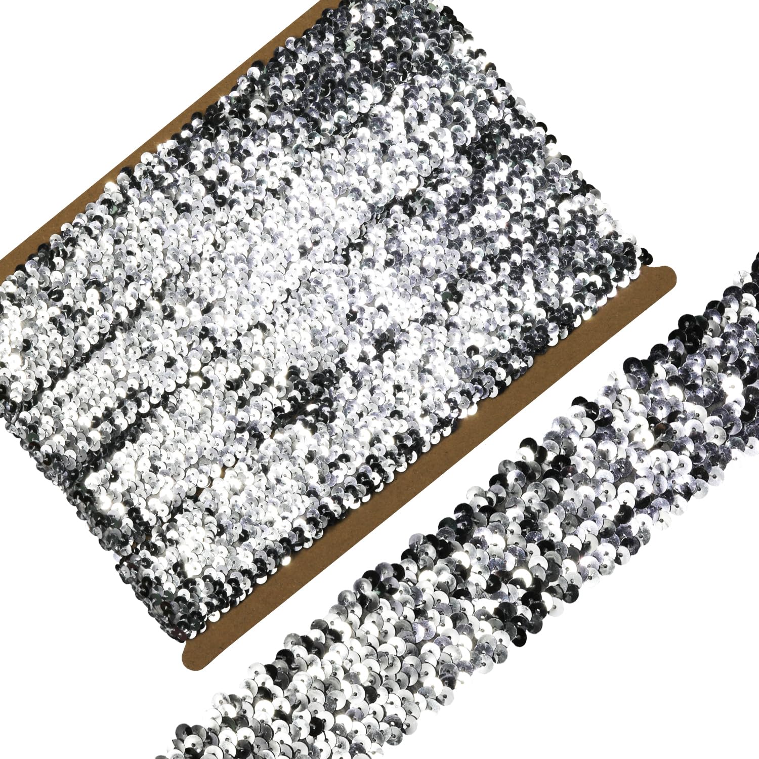 Length 5Yards，Wide 1.9 Inch Silver Elastic Sequin Ribbon Trim for Sewing Dress Dance Costumes Headband (Silver)