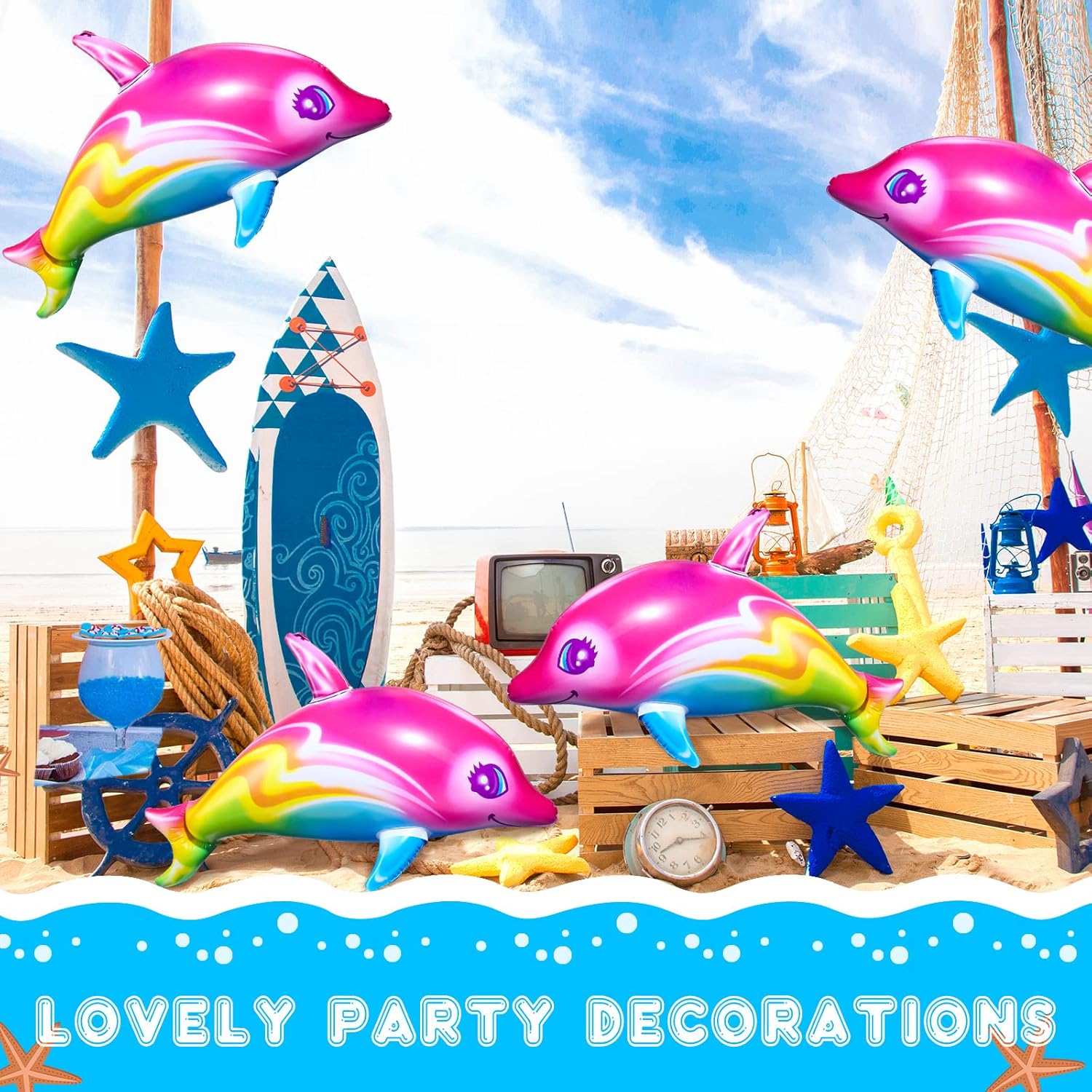 Zhanmai Dolphin Rainbow Inflatable Pool Toy 36 Inch summer Colorful Pink Poolside Aquatic Themed Decor Inflate Pool Beach Birthday Party Decoration(4 Pieces)
