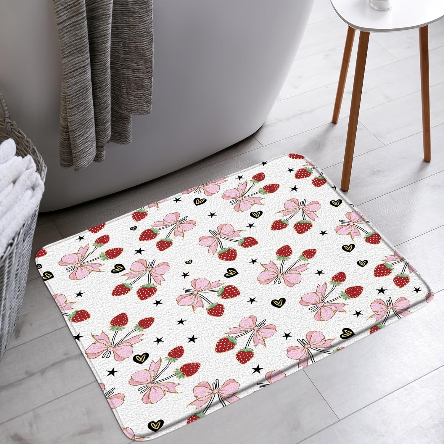 Valentines Bath Mat Pink Red Black Bow Strawberry Heart Romantic Sweet Love Modern Bathroom Bathtub Floor Rugs Doormat Toilet Decor,24 x 70 in
