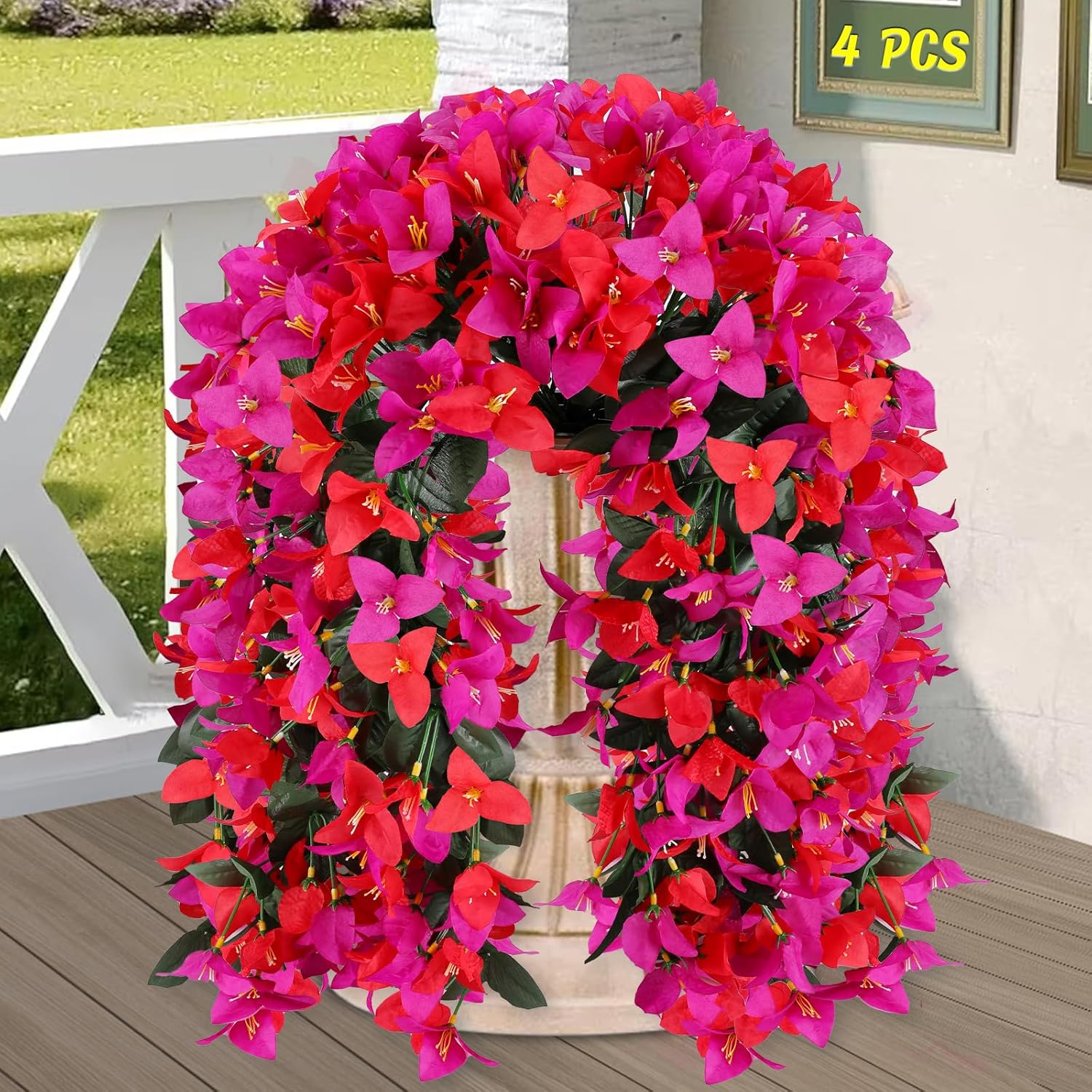 Alotiki Artificial Bougainvillea Flowers for Outdoor Plant,4 pcs Faux Hanging Flowers Bougainvillea for Outside Decoration,Fake Silk UV Resistant Vines for Front Door Porch(Rose red+Fuchsia)