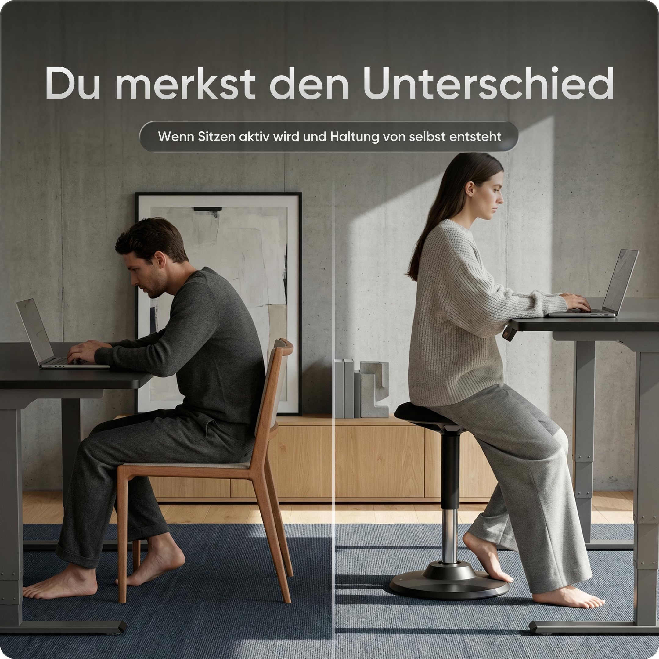 Motion Sitzhocker - Stehhocker höhenverstellbar, ergonomischer Hocker bis 140kg mit CushCloud-Polsterung, Gasfeder & 3D-Sitzmechanik, Bürohocker ergonomisch, Wackelhocker Stehstuhl (Schwarz)