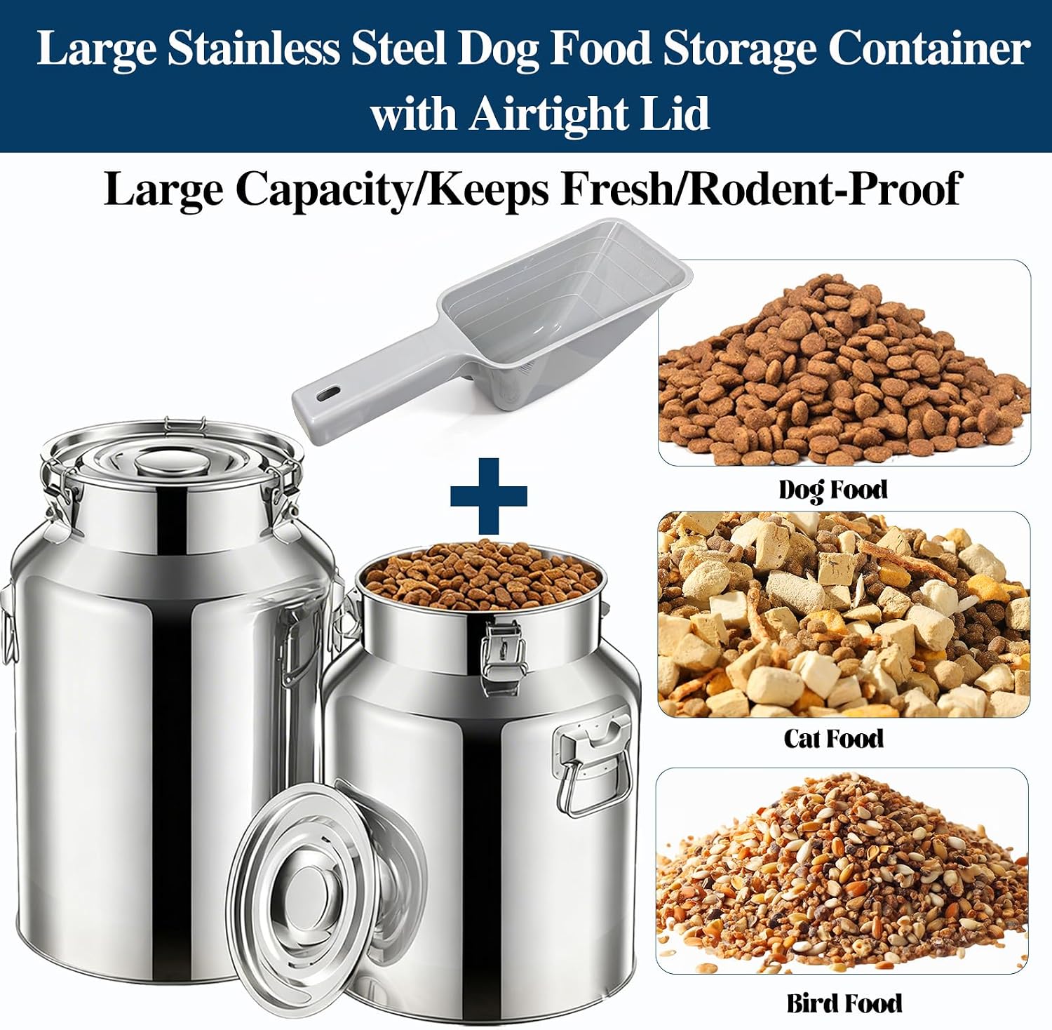 18 Lbs Stainless Steel Dog Food Storage Container with Scoop, Large Metal Dog Food Bin with Airtight Lid & Locking Clamp, Pet Treat Jars for Dogs & Cats, Keep Fresh, Easy to Clean