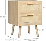 HOMCOM Boho Design Nightstand Set of 2, Rattan Bedside Table, Side End Table with 2 Drawers for Bedroom, Natural Wood Effect
