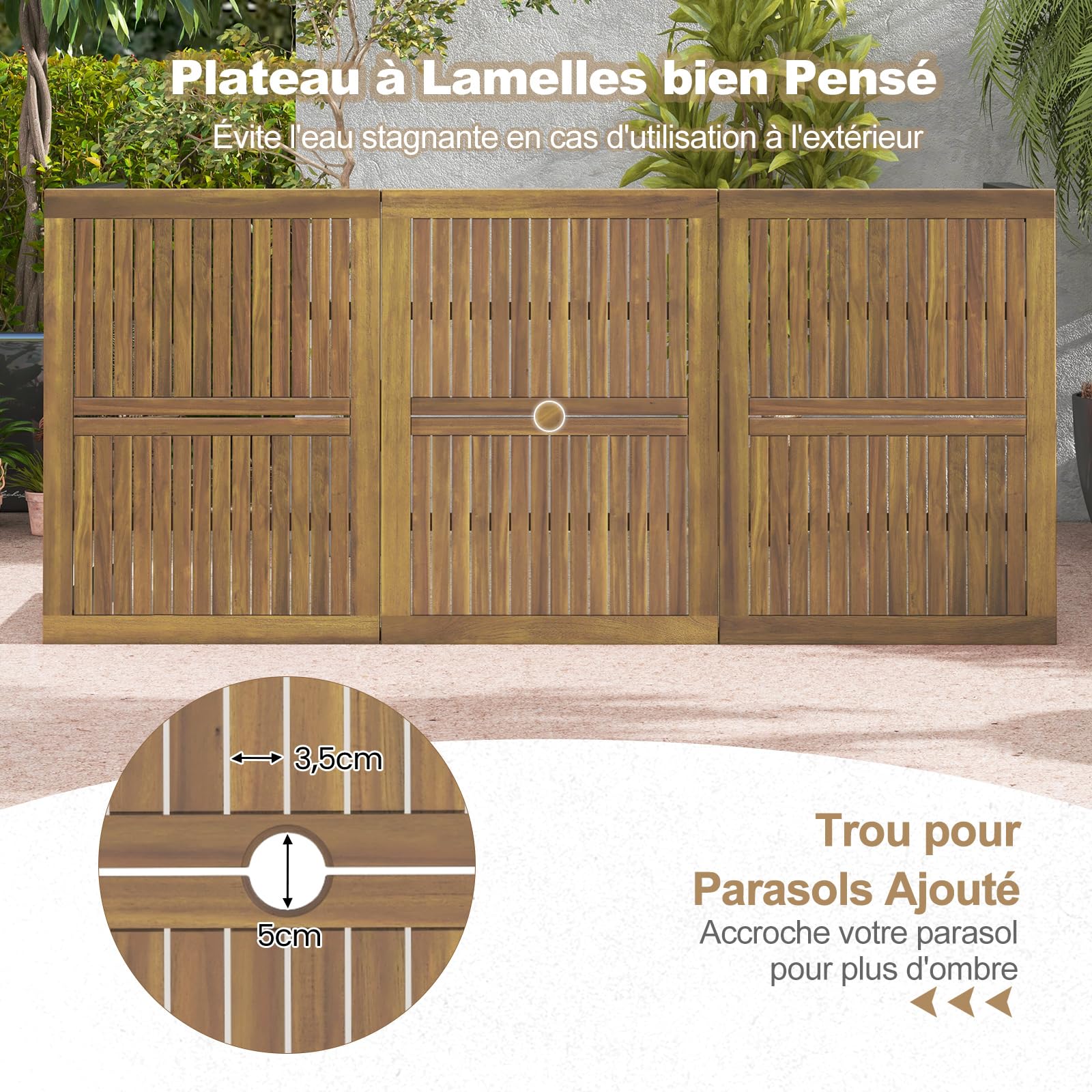 COSTWAY Table de Jardin 200 CM 8 Personnes, Table Exterieur en Bois d’Acacia avec Trou de Parasol, Pieds Métal