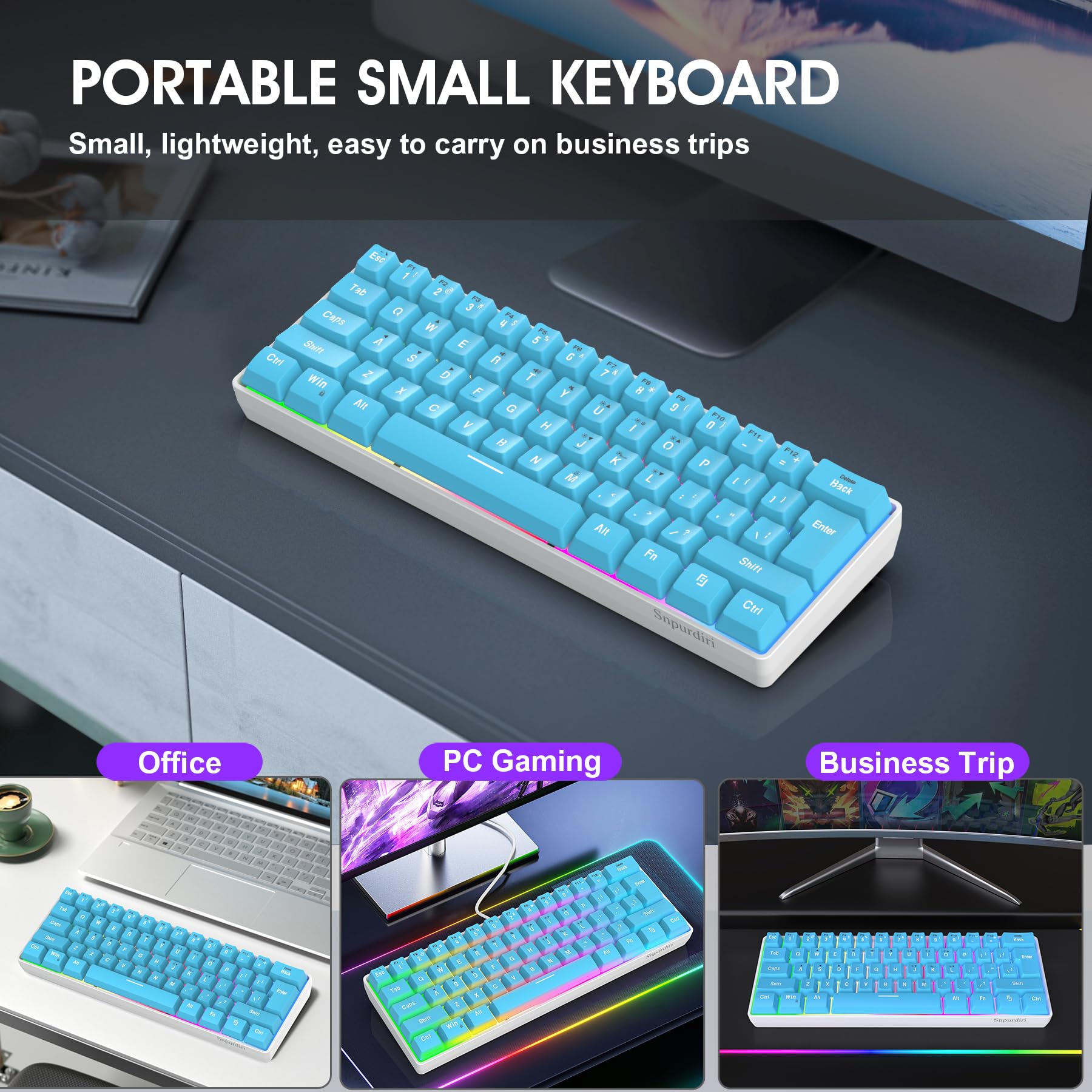 Snpurdiri 60% Wired Gaming Keyboard, 61 Keys RGB (Blue) view 8