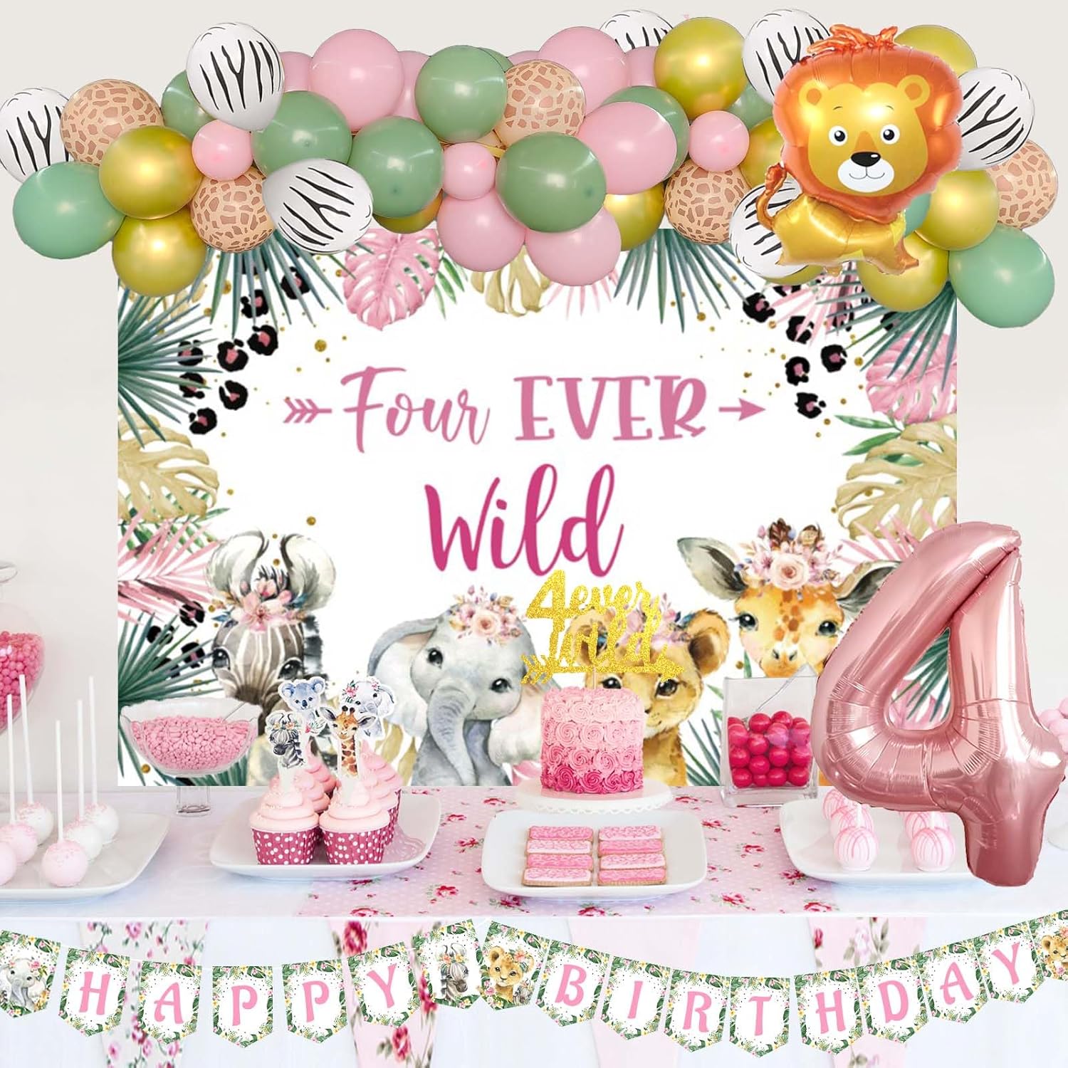 Four Ever Wild Birthday Decorations Girl, Jungle Safari Animal Theme 4th Party Decorations Backdrop Balloons Garland Banner Cake Cupcake Topper Poster Crown Lion Cheetah Giraffe Pink 115 PCs