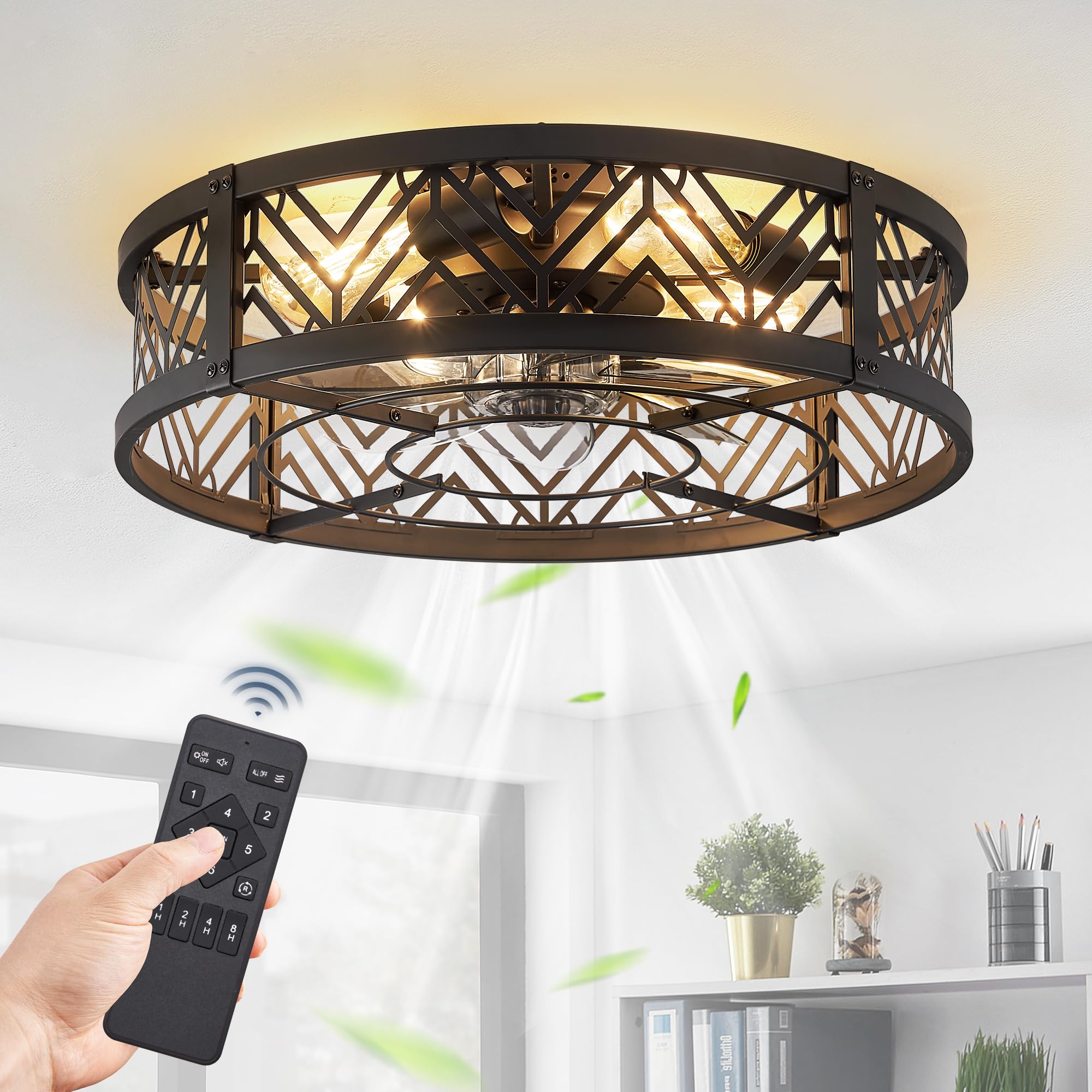 LEDIARY 20" Caged Ceiling Fan with Light, Small Flush Mount Ceiling Fan with Remote, Low Profile Bladeless Ceiling Fan for Bedroom, Kitchen, Dining Room-Black