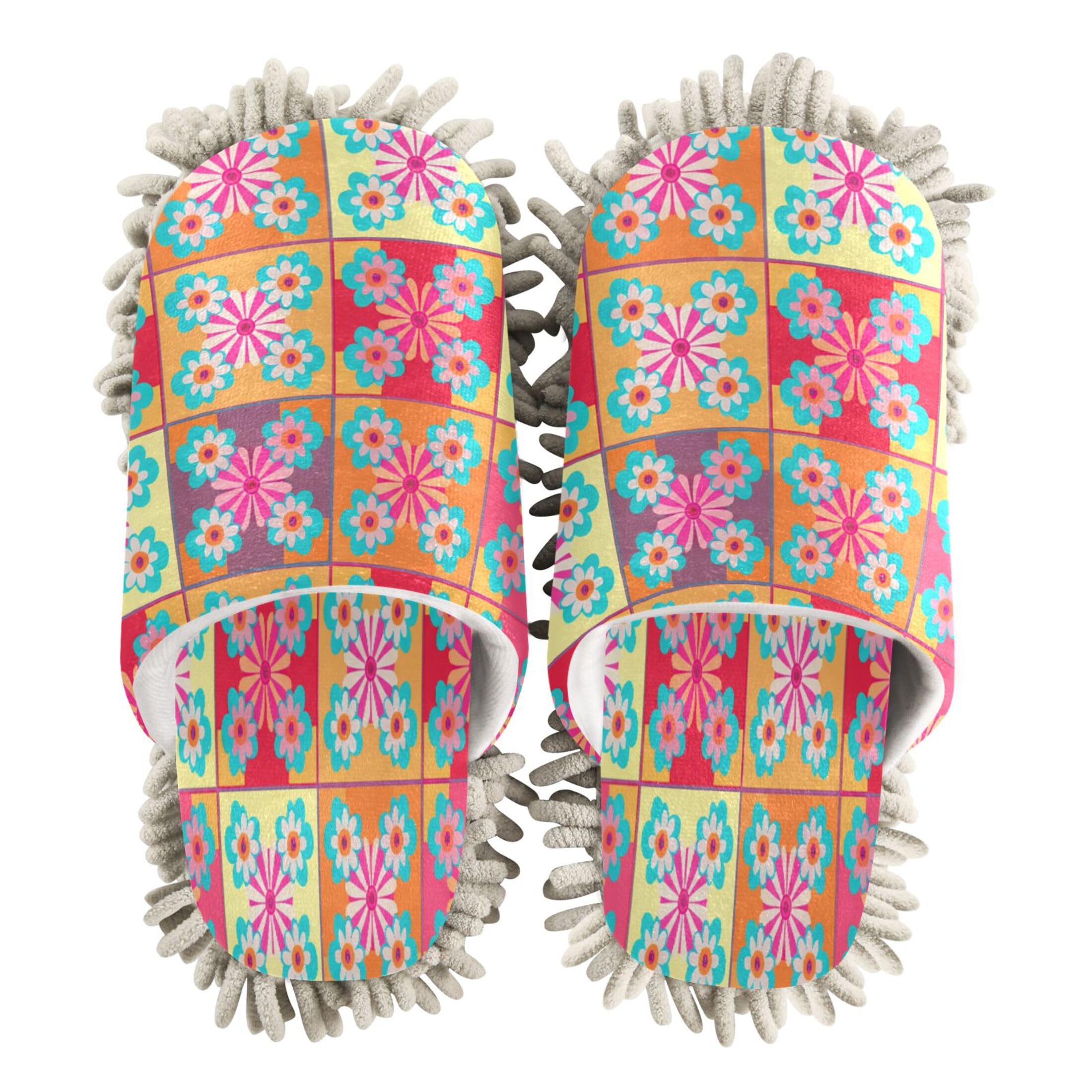 Kigai Modern Flower Squares Mop Slippers for Floor Cleaning, Slippers for Women Men, Microfiber Floor Cleaning, L