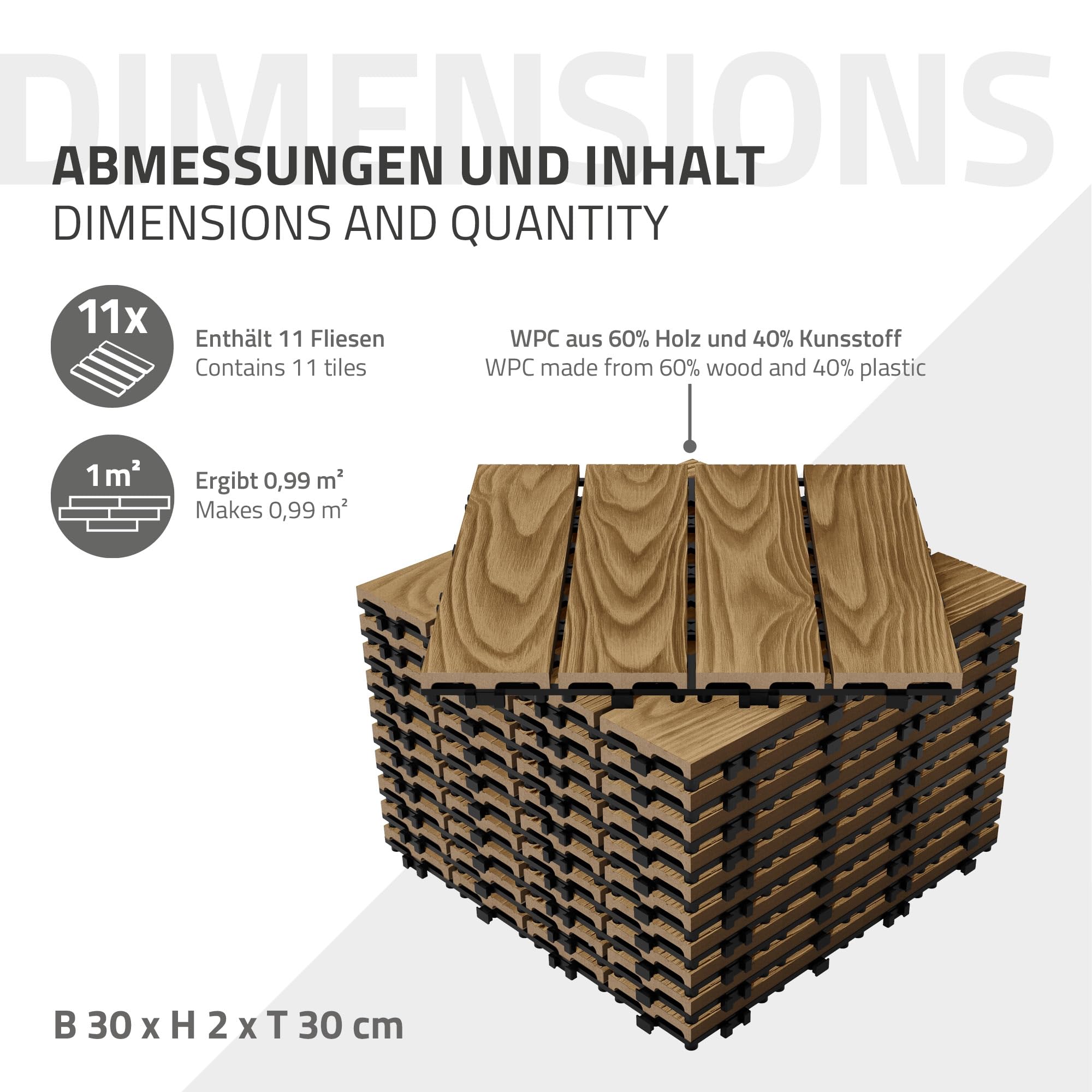 ECD Germany WPC Terrassenfliesen 30x30 cm/55 Stück=5m², Teak in Holzoptik, Bodenbelag mit Klicksystem und Drainage, Terrassendielen Balkonfliesen Holzfliesen, Klickfliesen für Terrasse, Garten, Balkon
