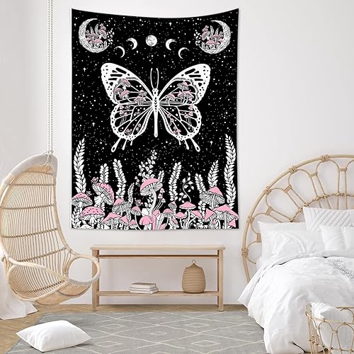 LB Tapiz de mariposa blanco y negro, hongos rosa y hojas con fase lunar para dormitorio, tapiz colgante de pared de noche estrellada, arte de pared